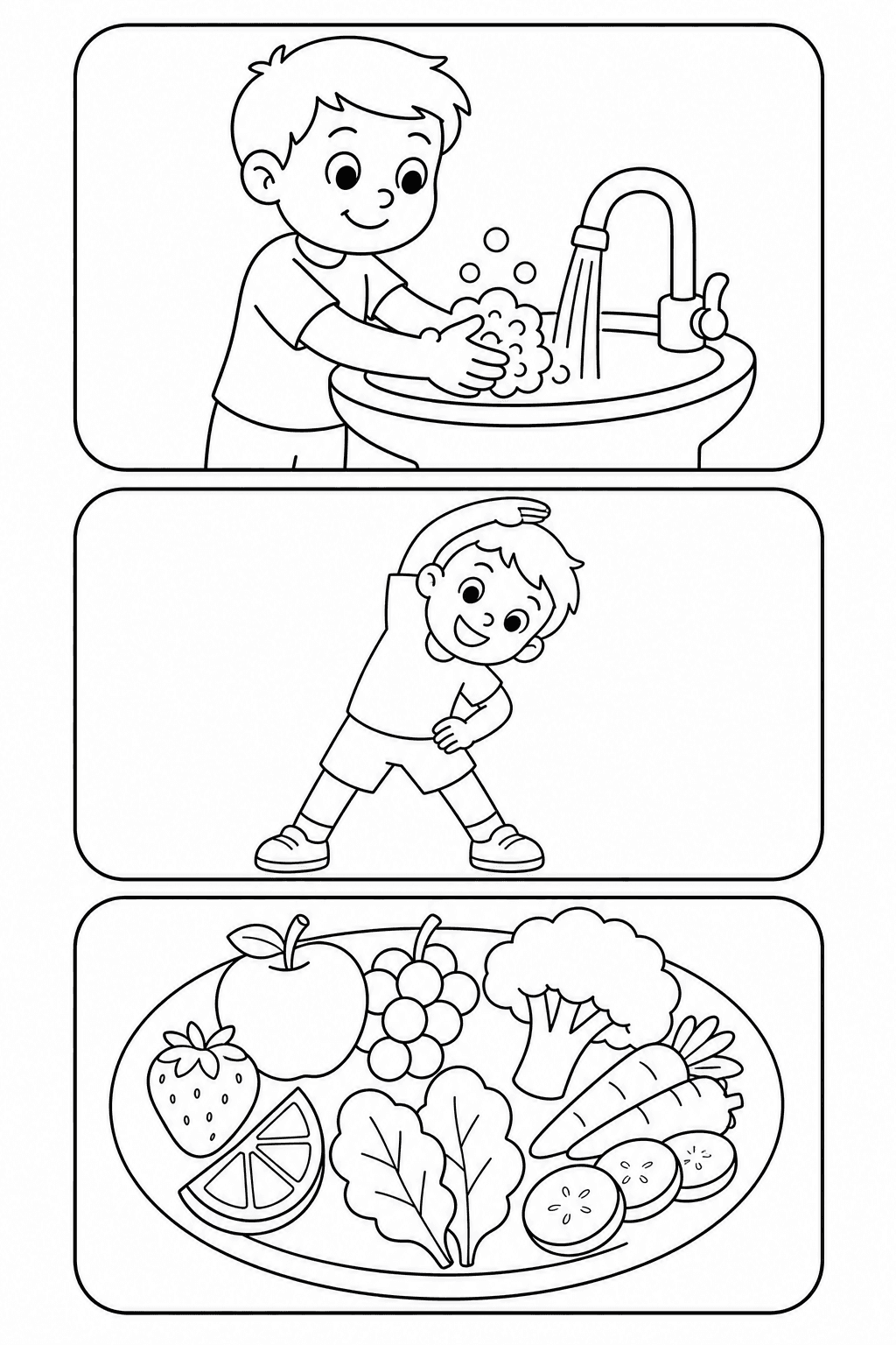Healthy habits coloring page with panels for handwashing, movement and healthy foods
