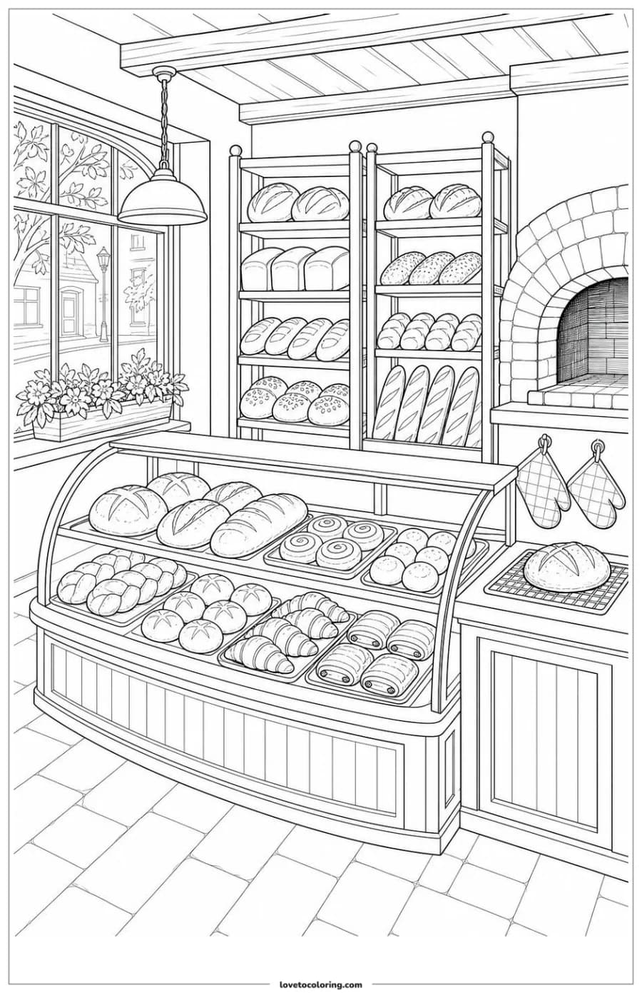 Detailed printable cozy bakery with bread display counter, pastries, bread racks and brick oven