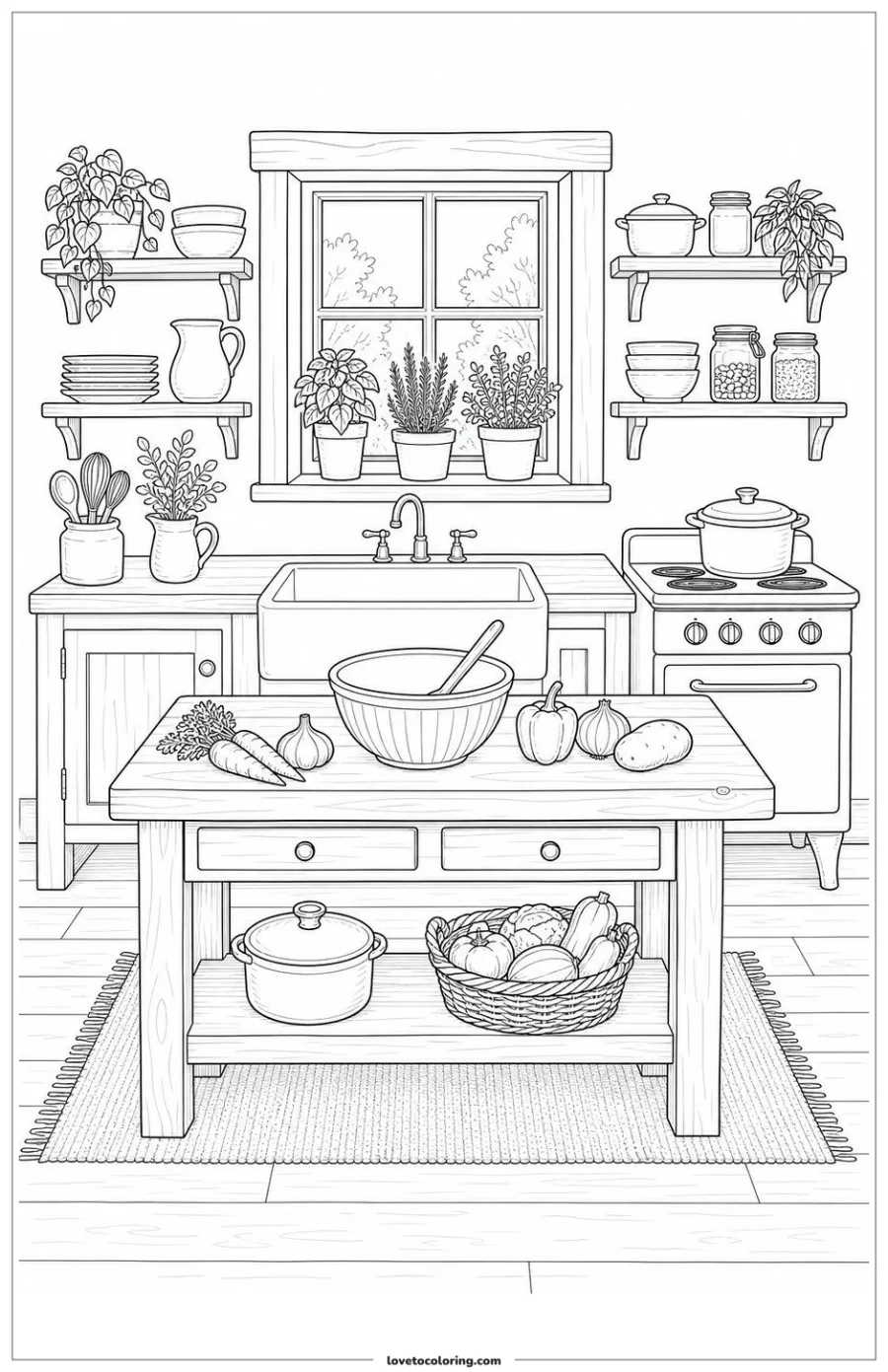 Detailed printable cozy cottage kitchen with worktable, vegetables, mixing bowl, sink and herb pots