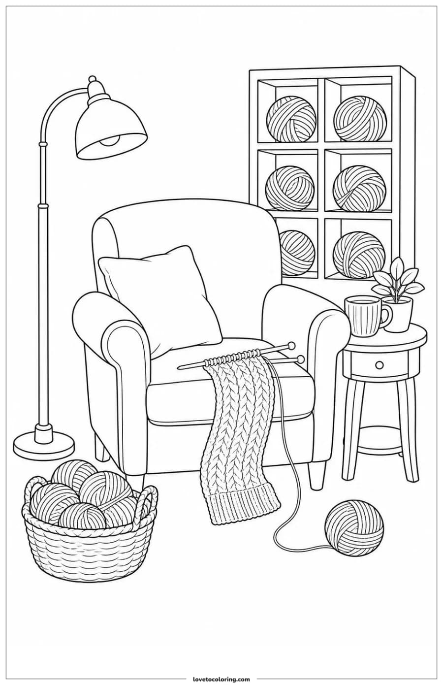 Printable cozy knitting room with chair, yarn basket, knitting supplies and lamp