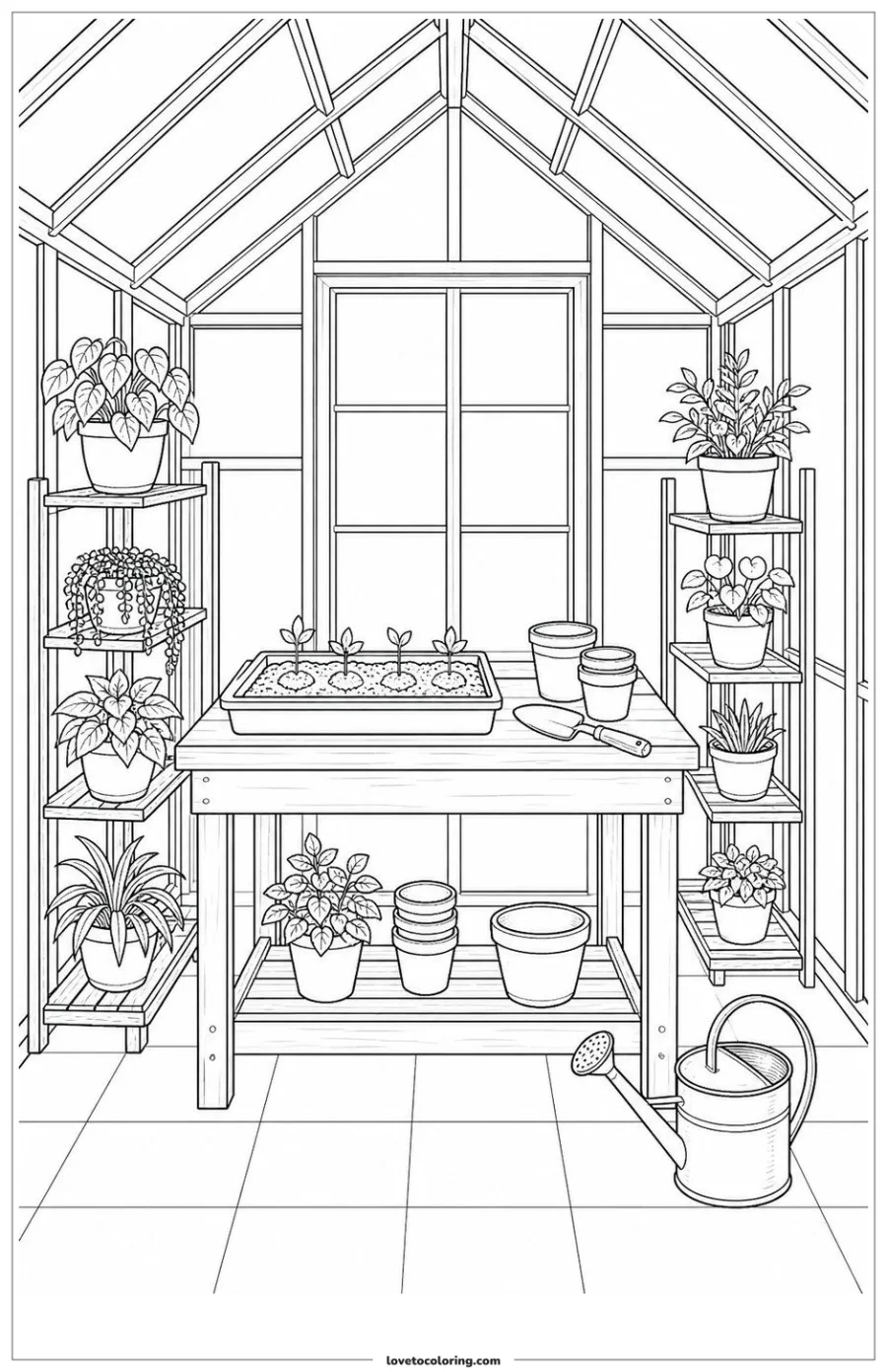 Detailed printable cozy greenhouse with potting bench, seedlings, shelves and watering can
