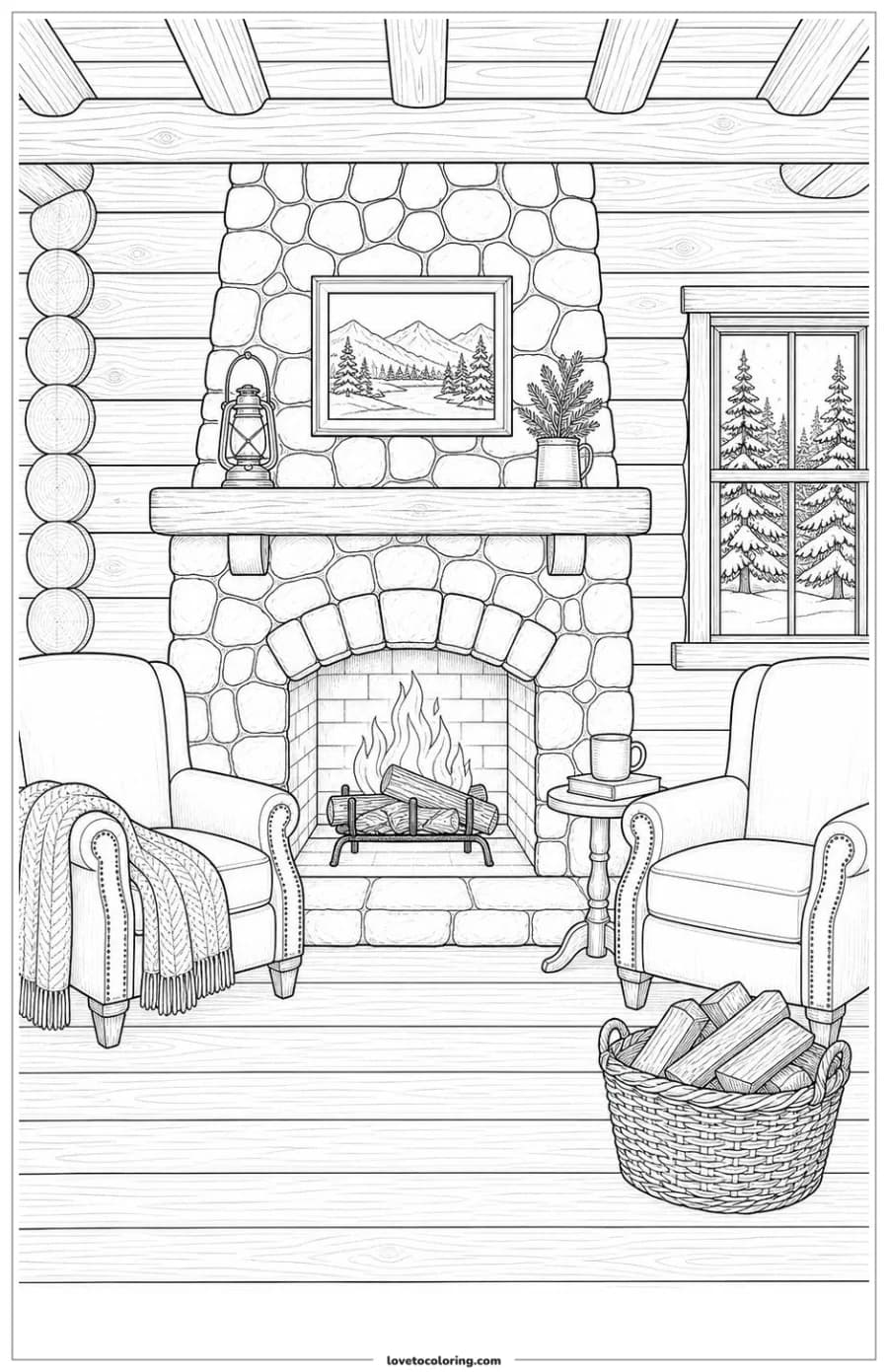 Detailed printable cozy winter cabin with stone fireplace, chairs, firewood and snowy pine view