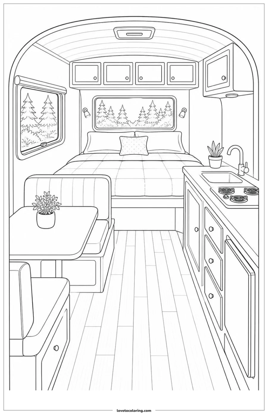 Printable cozy camper interior with bed, two-seat table, kitchenette, storage cubbies and forest view