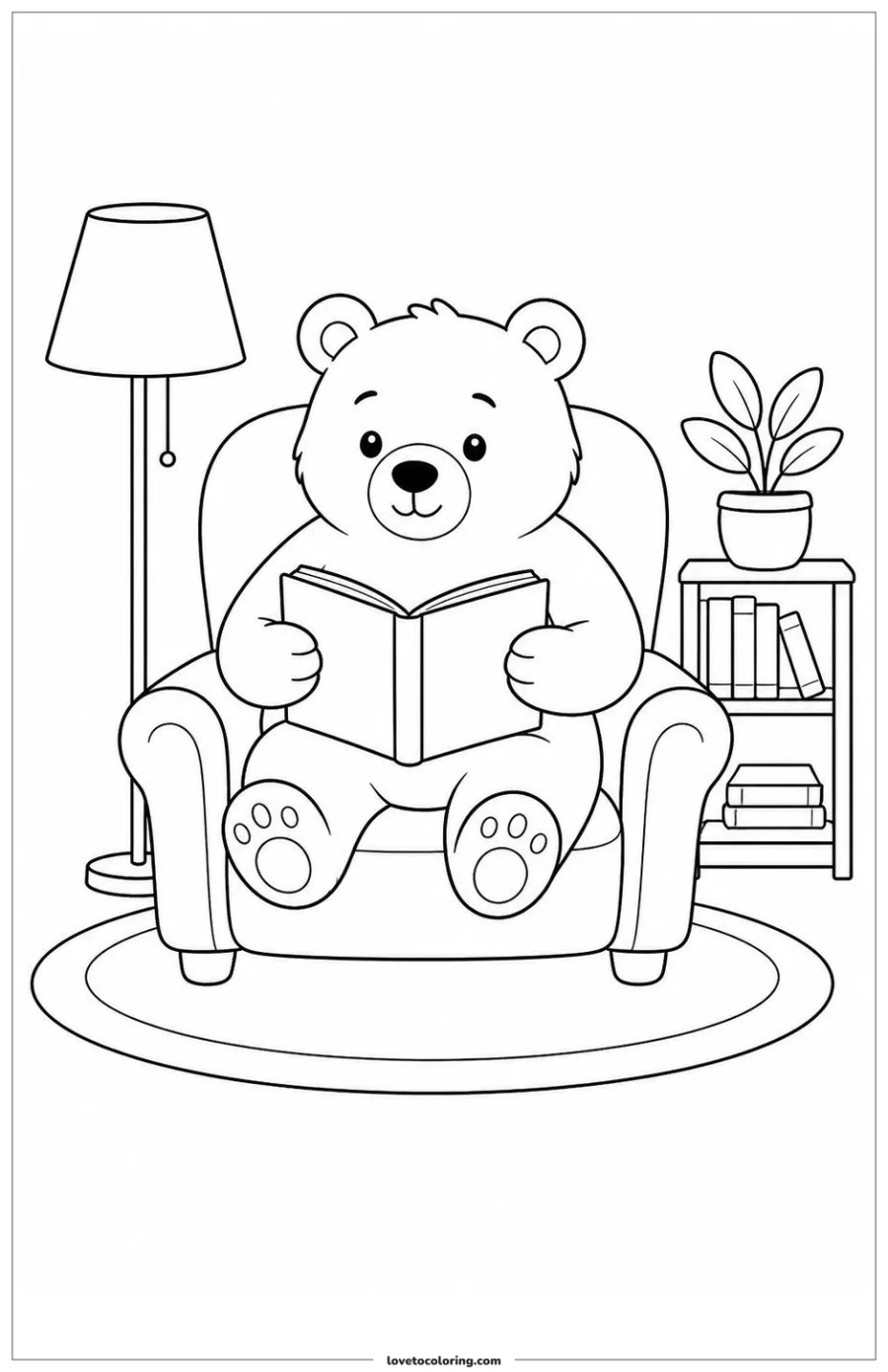 Printable cozy bear reading an open book in an armchair with lamp, shelf and plant