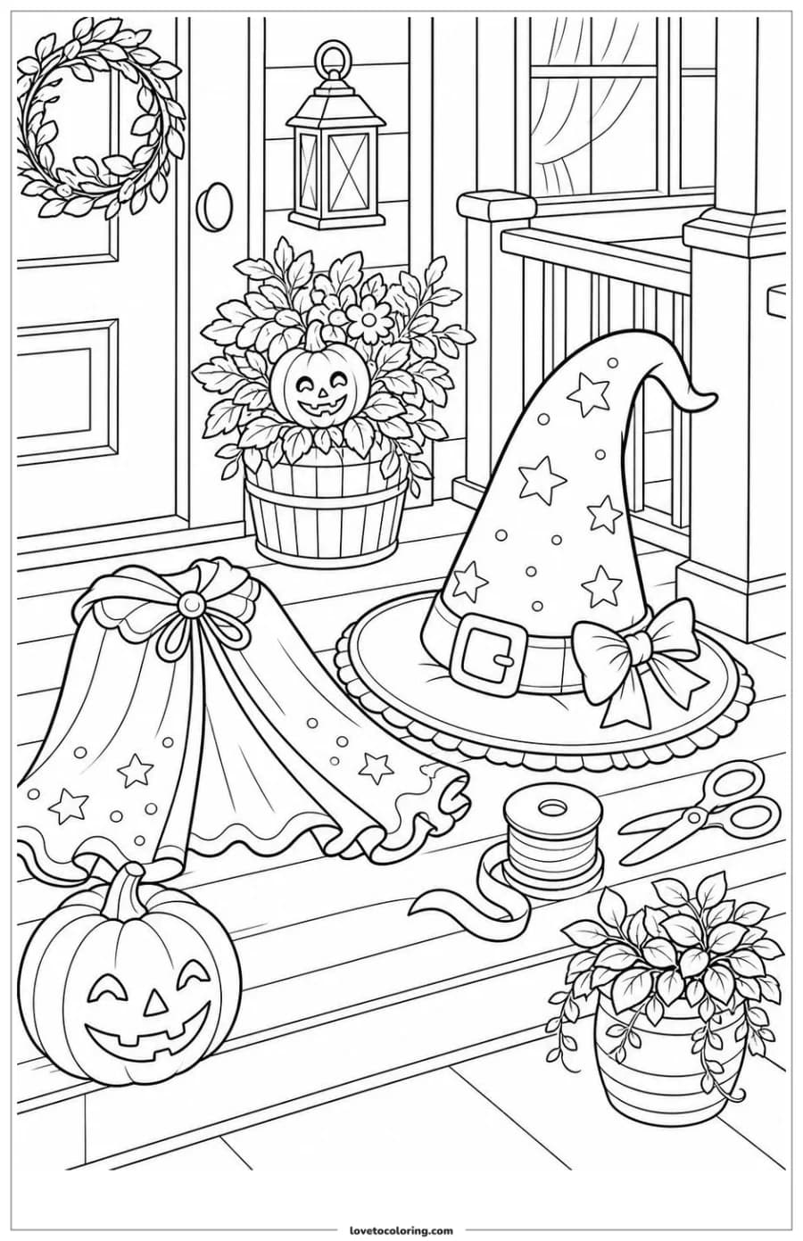 Halloween witch hat and costume pieces arranged on a decorated porch with a lantern