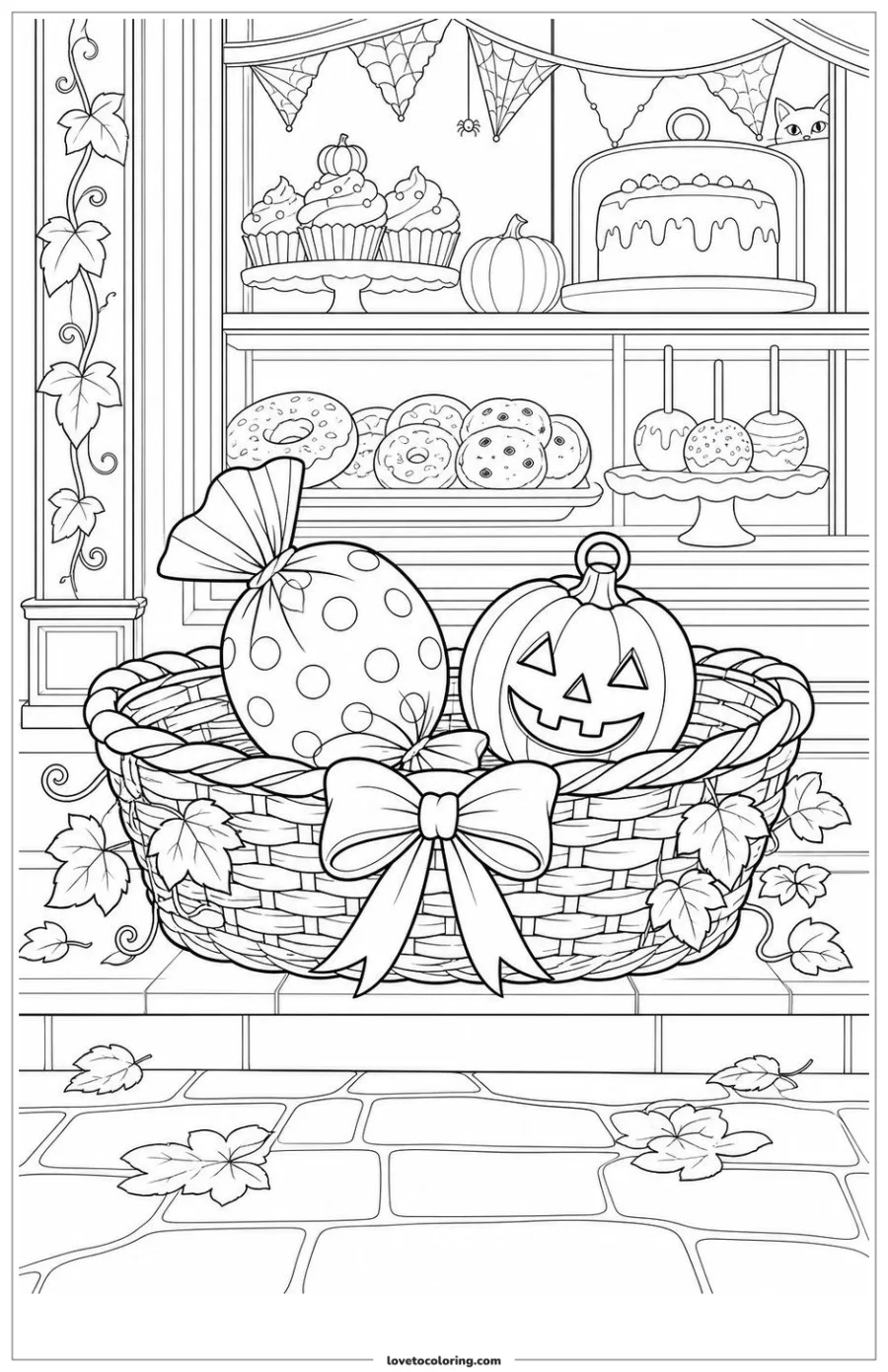 Trick-or-treat basket with a pumpkin, wrapped treat and decorated Halloween bakery display