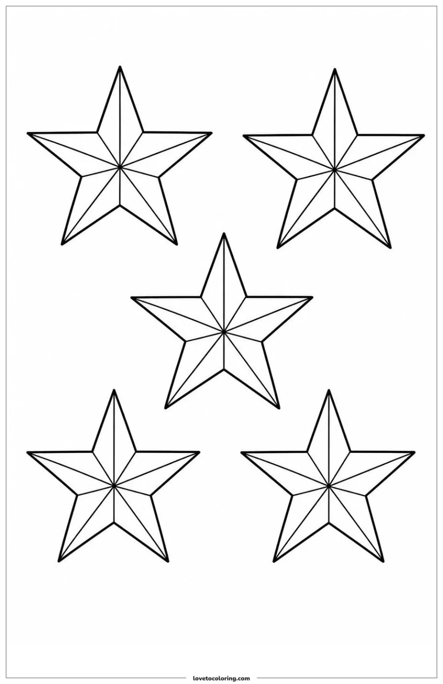 Printable counting coloring page with five separate five-point stars