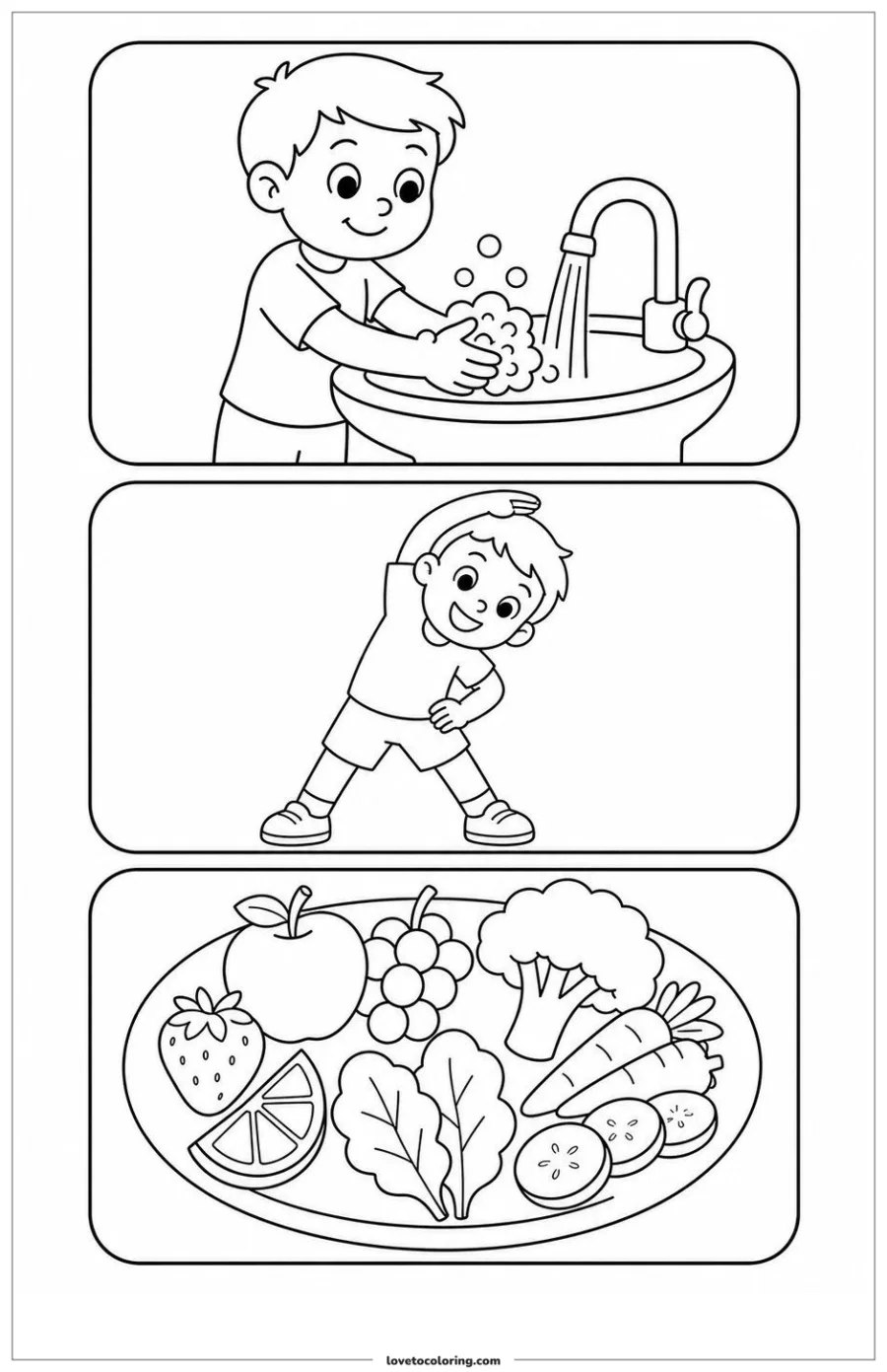 Healthy habits coloring page with panels for handwashing, movement and healthy foods