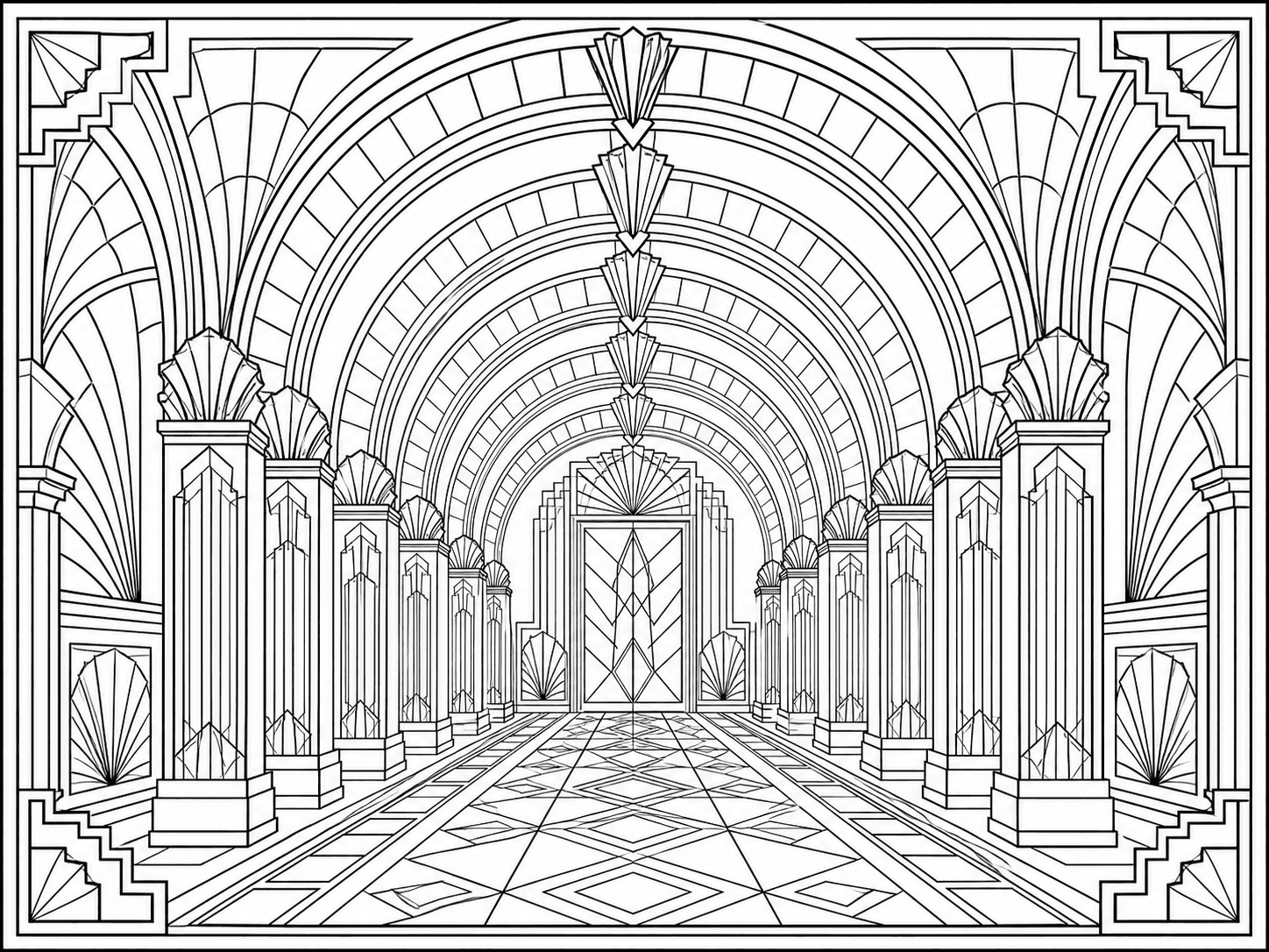 Art Deco archways adult coloring page