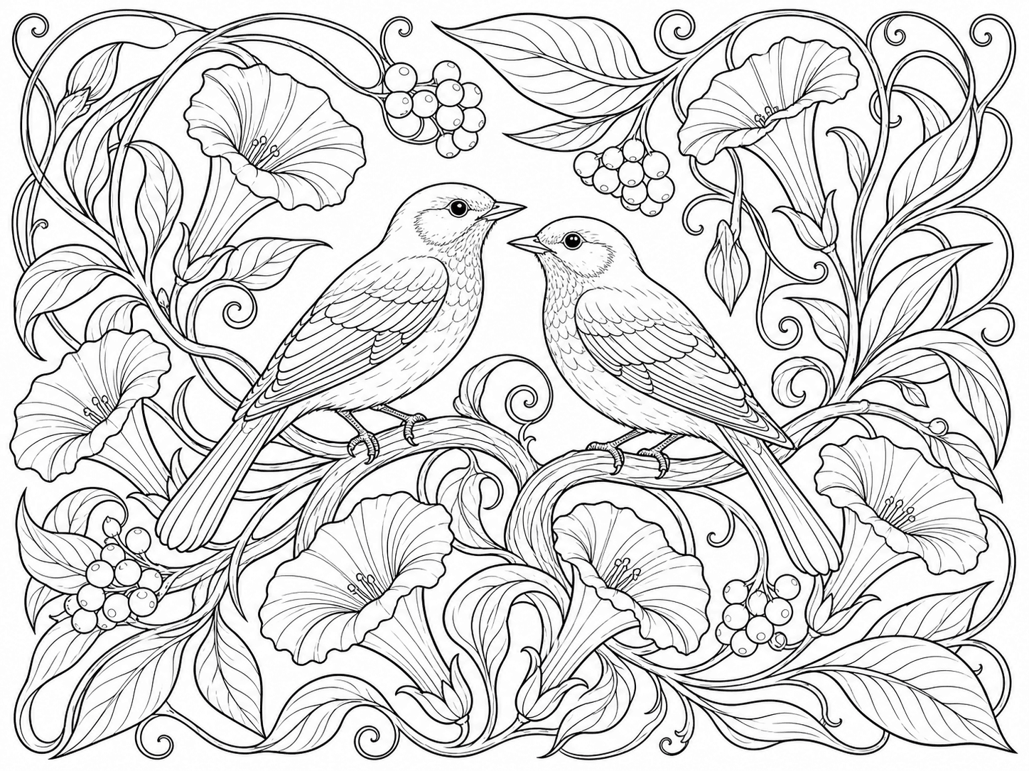 Birds and flowing vines adult coloring page