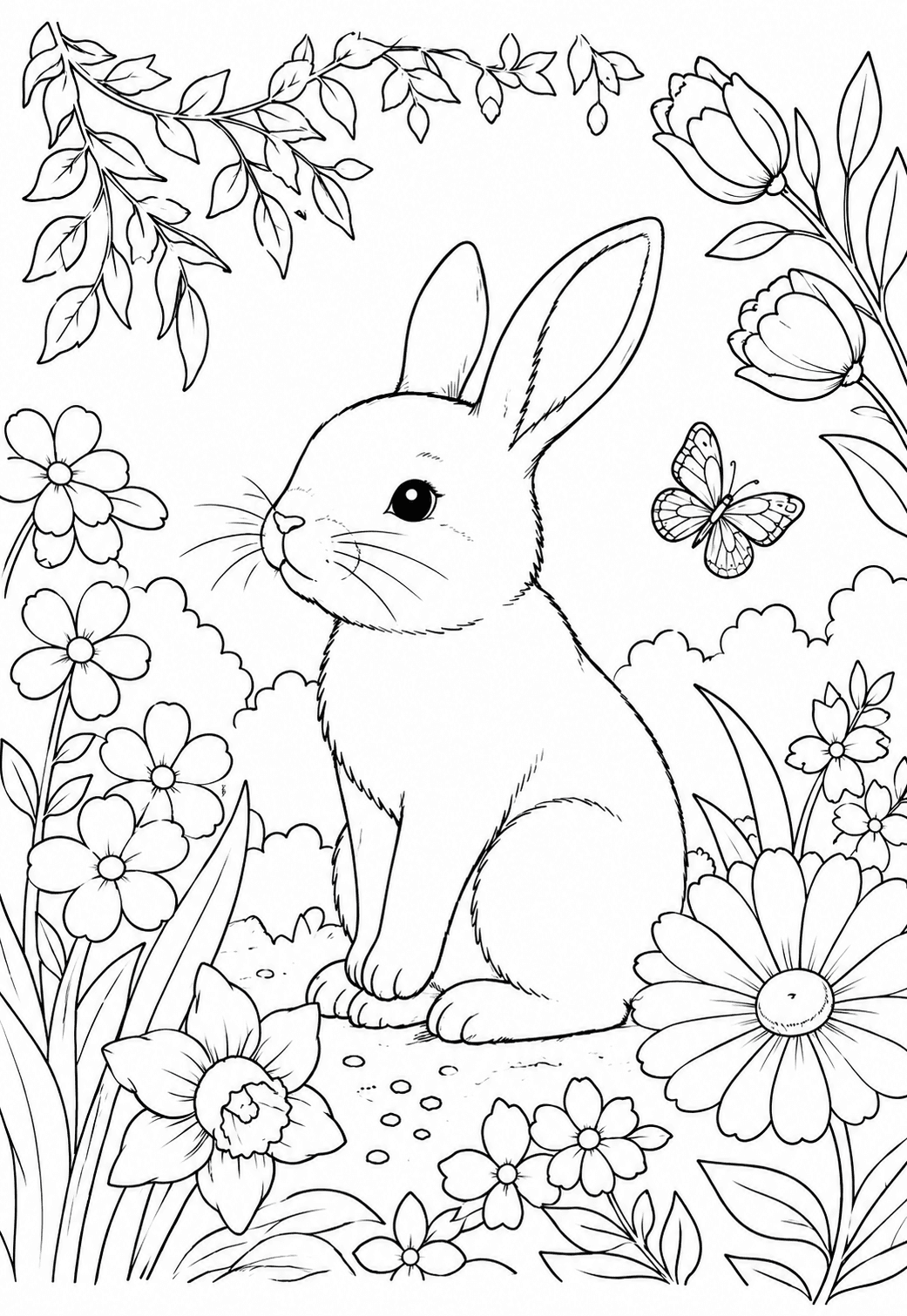 The rabbit-and-flower coloring page cleaned into crisp black-and-white line art on a white background