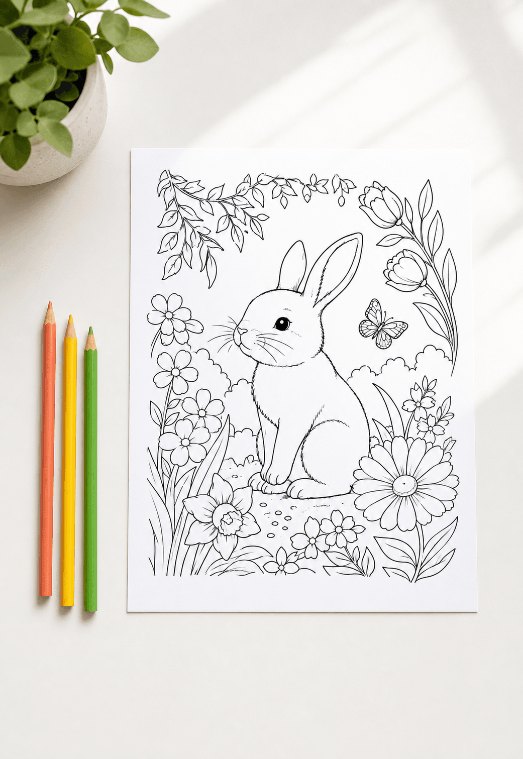 Freshly printed rabbit-and-flower coloring page on a white desk beside coral, yellow and green pencils