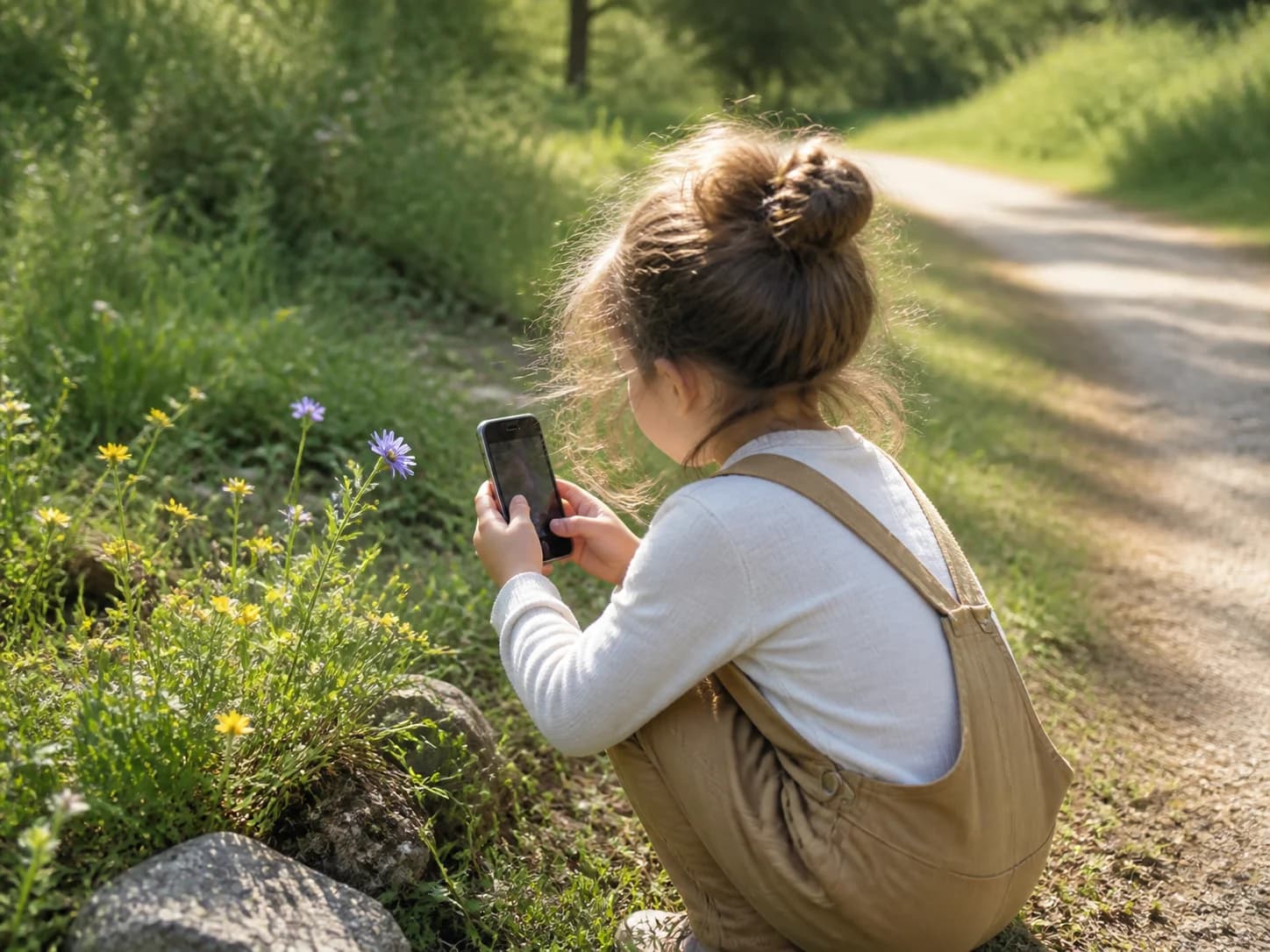 Child photographing wildflowers beside a sunny nature trail