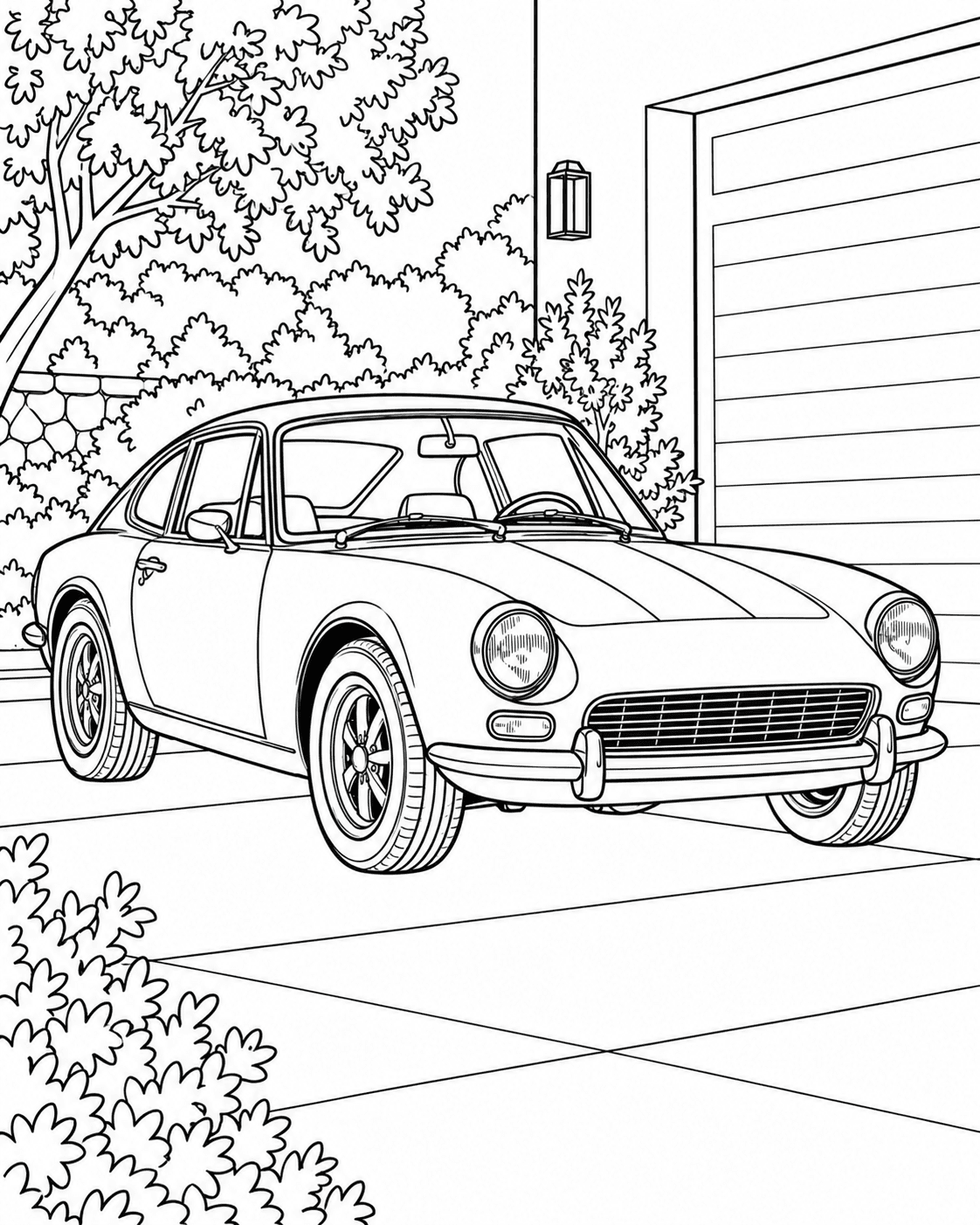 Classic coupe photo converted into printable coloring-page line art