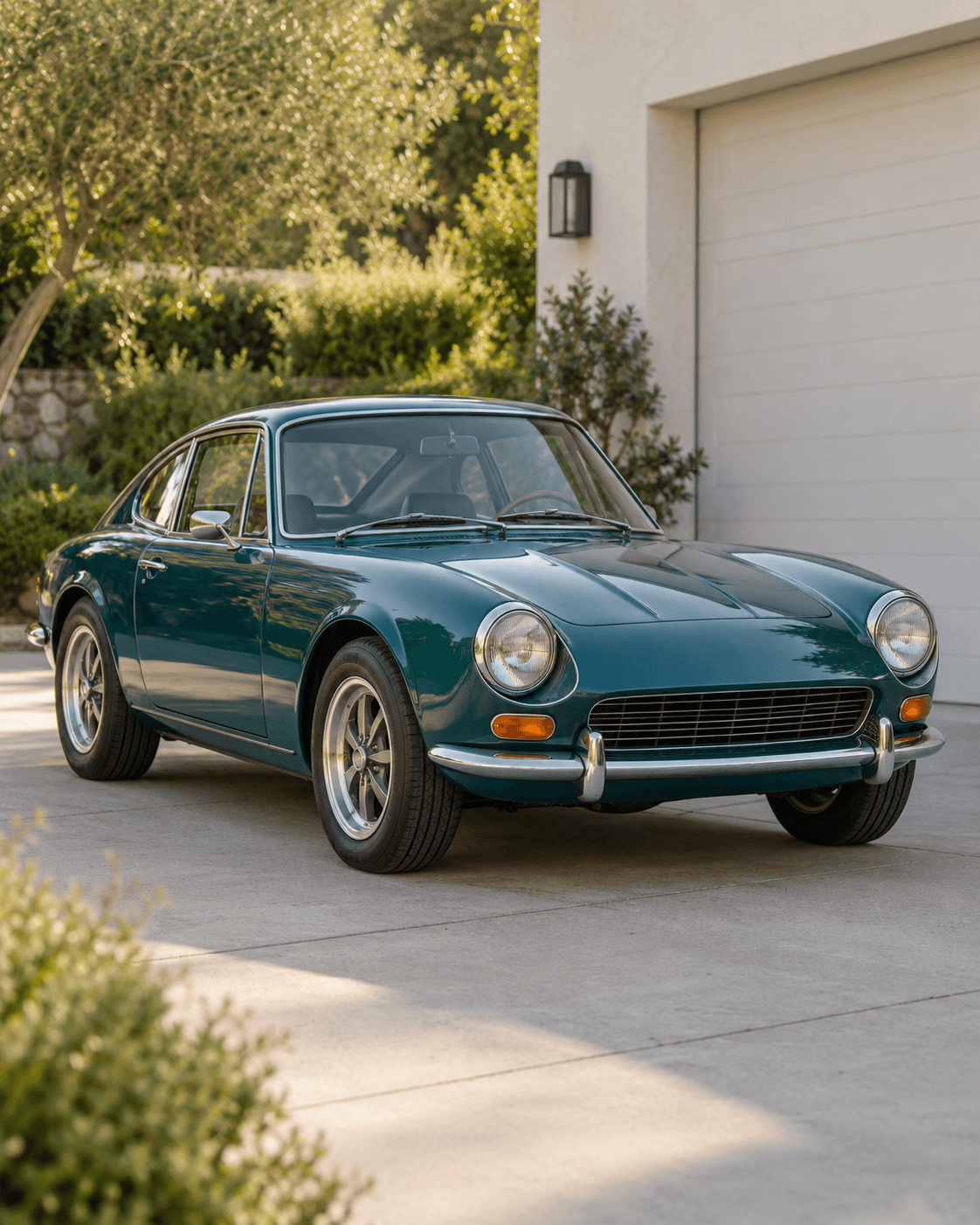 Teal classic coupe photographed on a quiet driveway