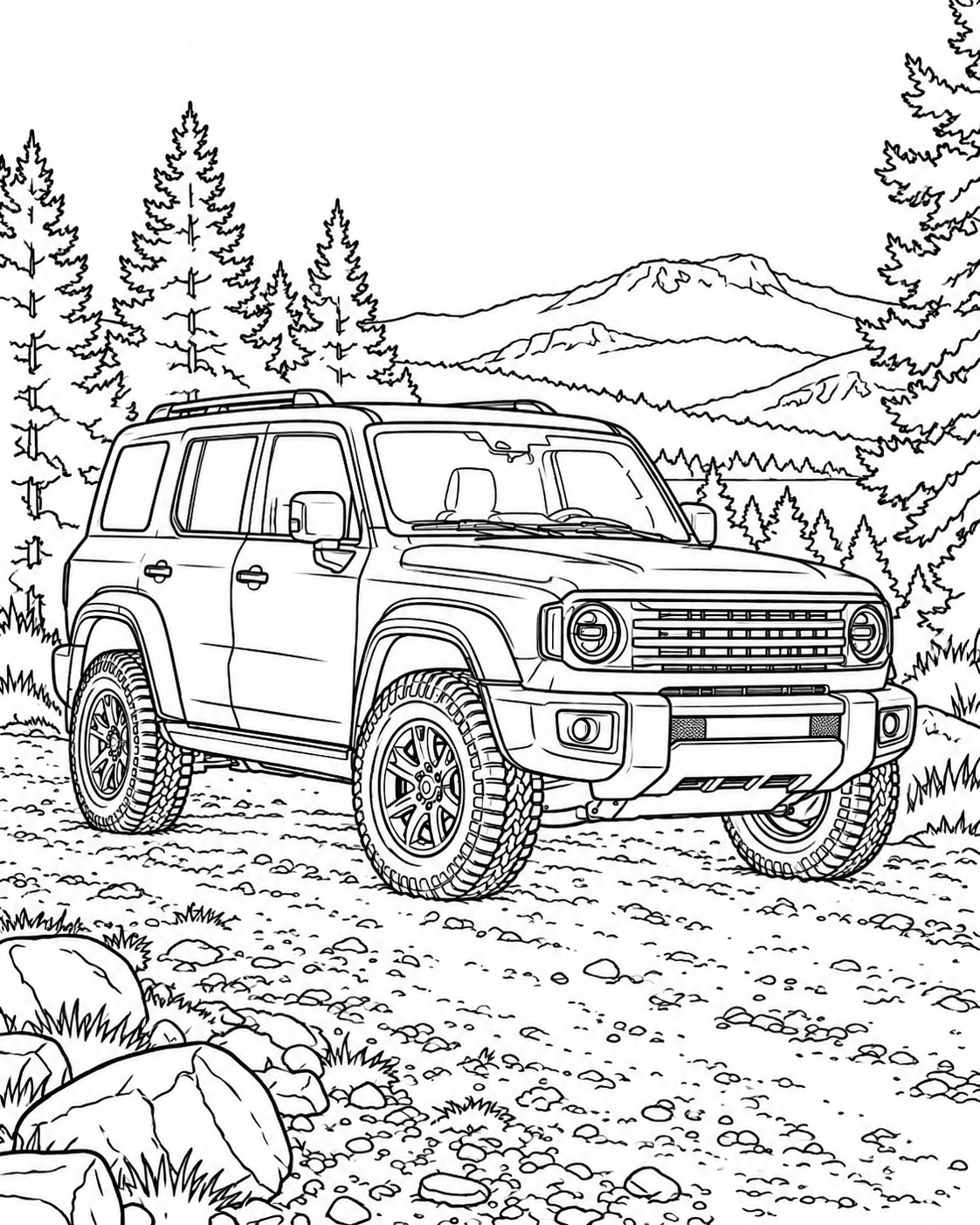 Off-road SUV photo converted into printable coloring-page line art