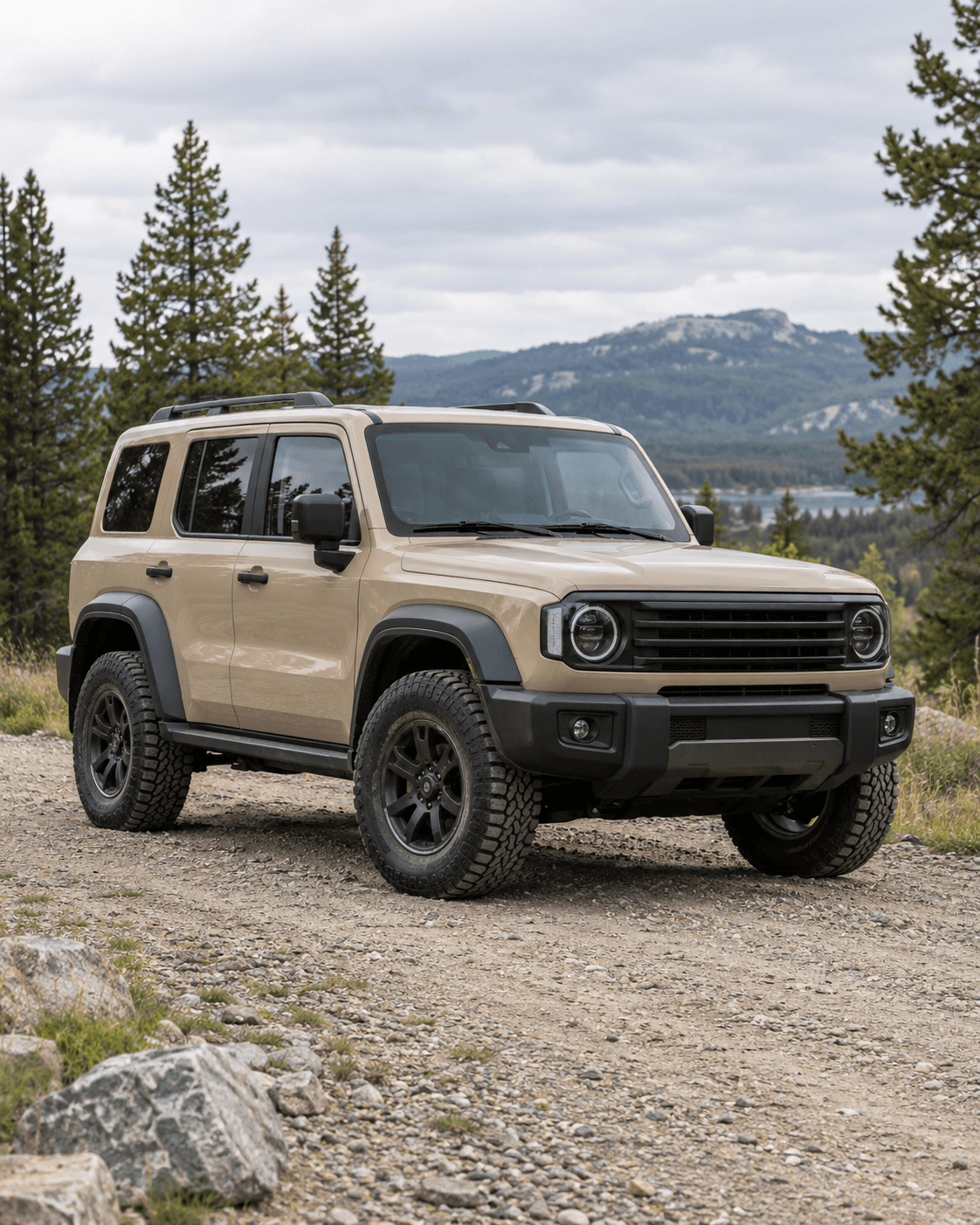Sand-colored off-road SUV photographed on a mountain trail