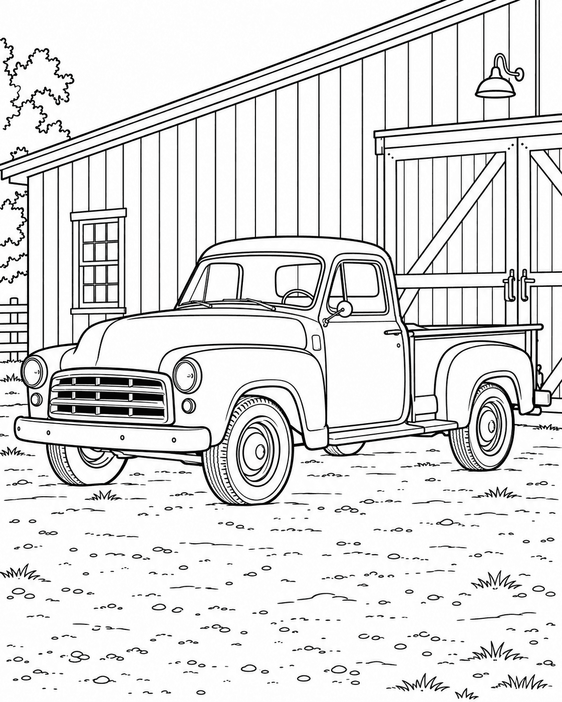 Vintage pickup truck photo converted into printable coloring-page line art