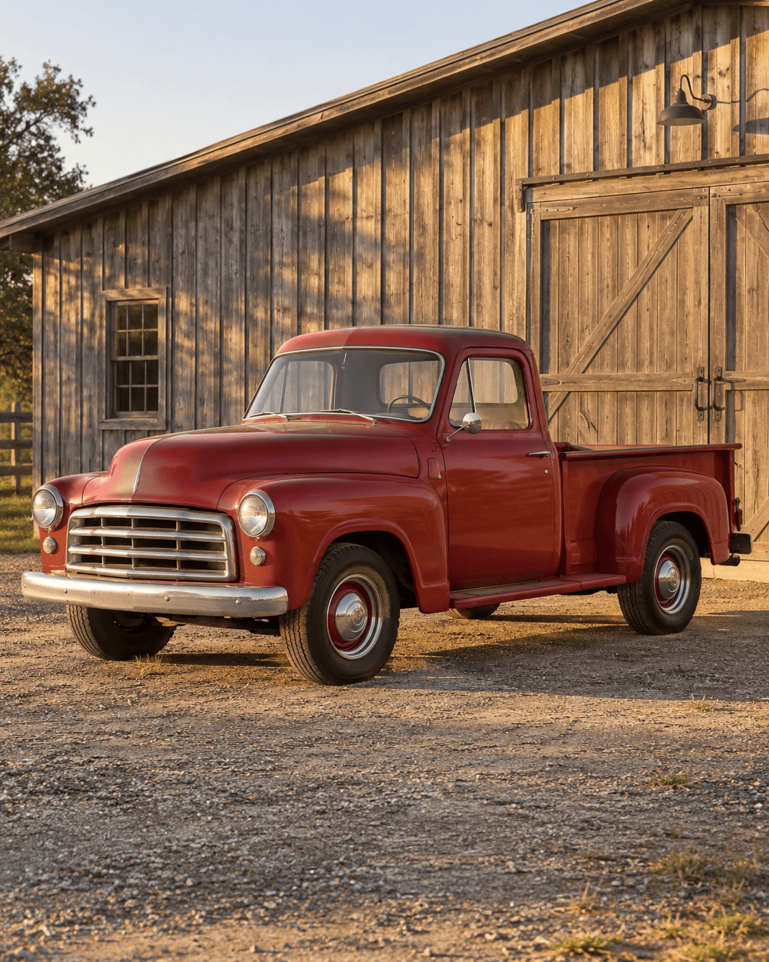 Red vintage pickup truck photographed outside a wooden workshop
