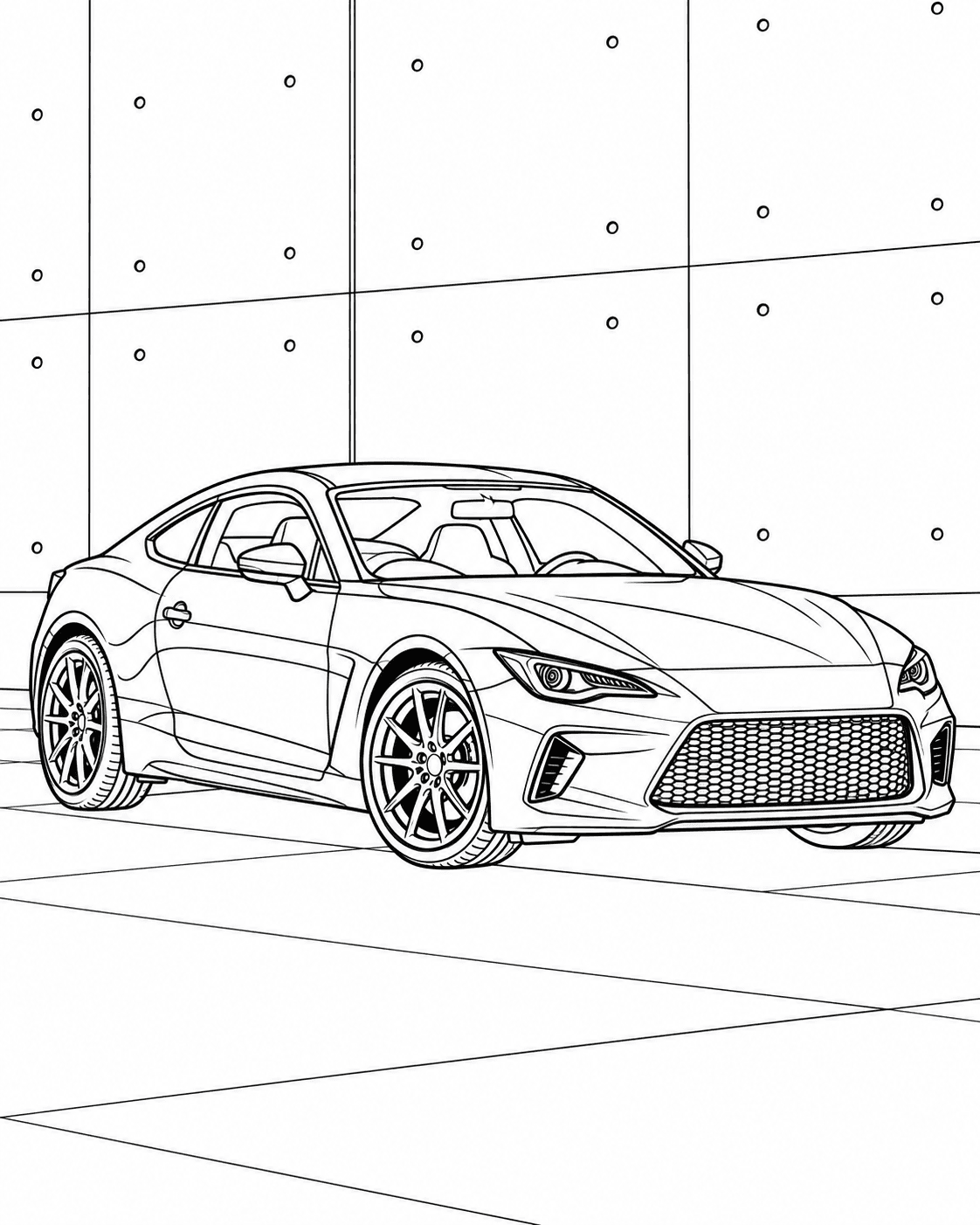 Modern sports coupe photo converted into printable coloring-page line art