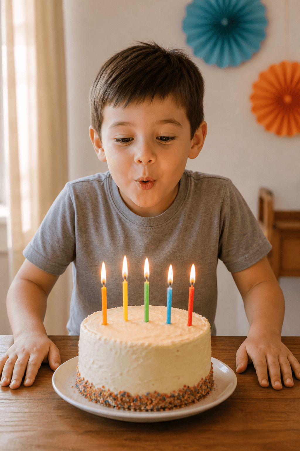 Child smiling beside a birthday cake