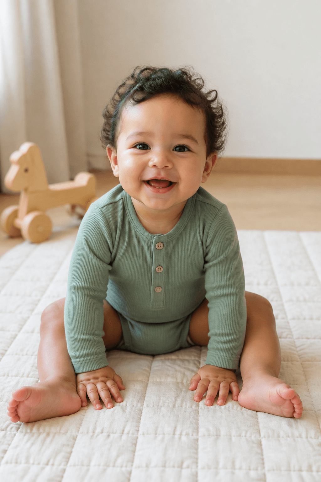 Smiling baby beside a favorite soft toy