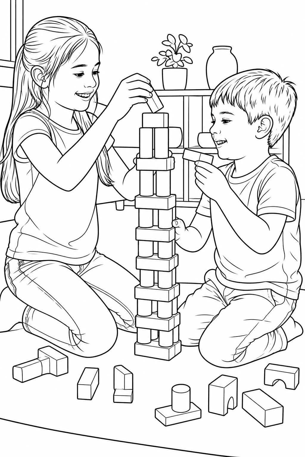 Sibling play photo converted into a printable coloring page