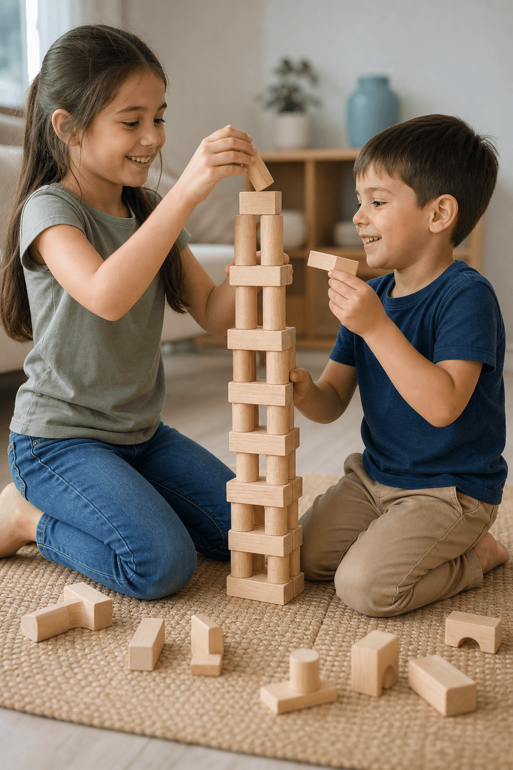 Two siblings building with colorful blocks