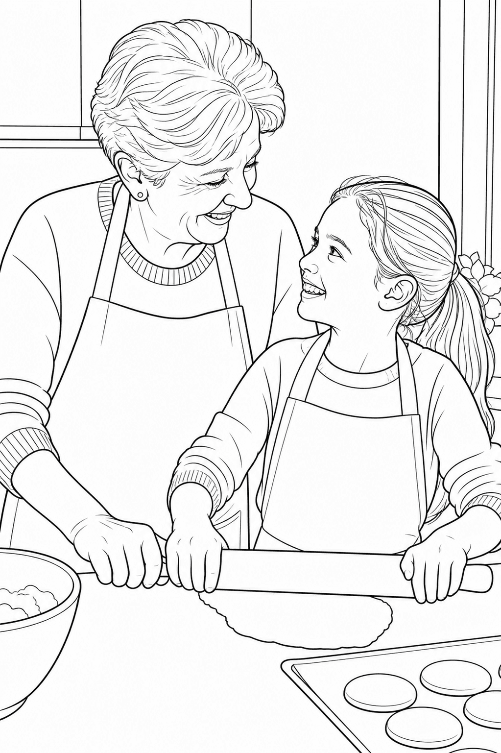Grandmother Baking with Her Grandchild Coloring Page