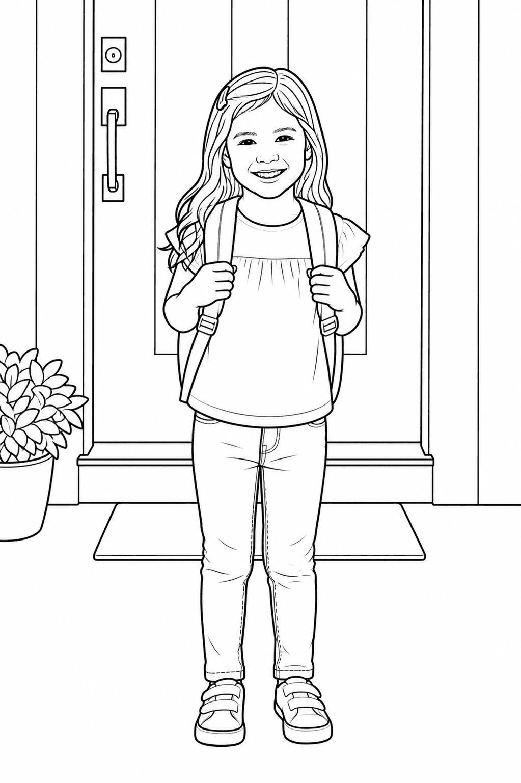 First day of school photo converted into a coloring page