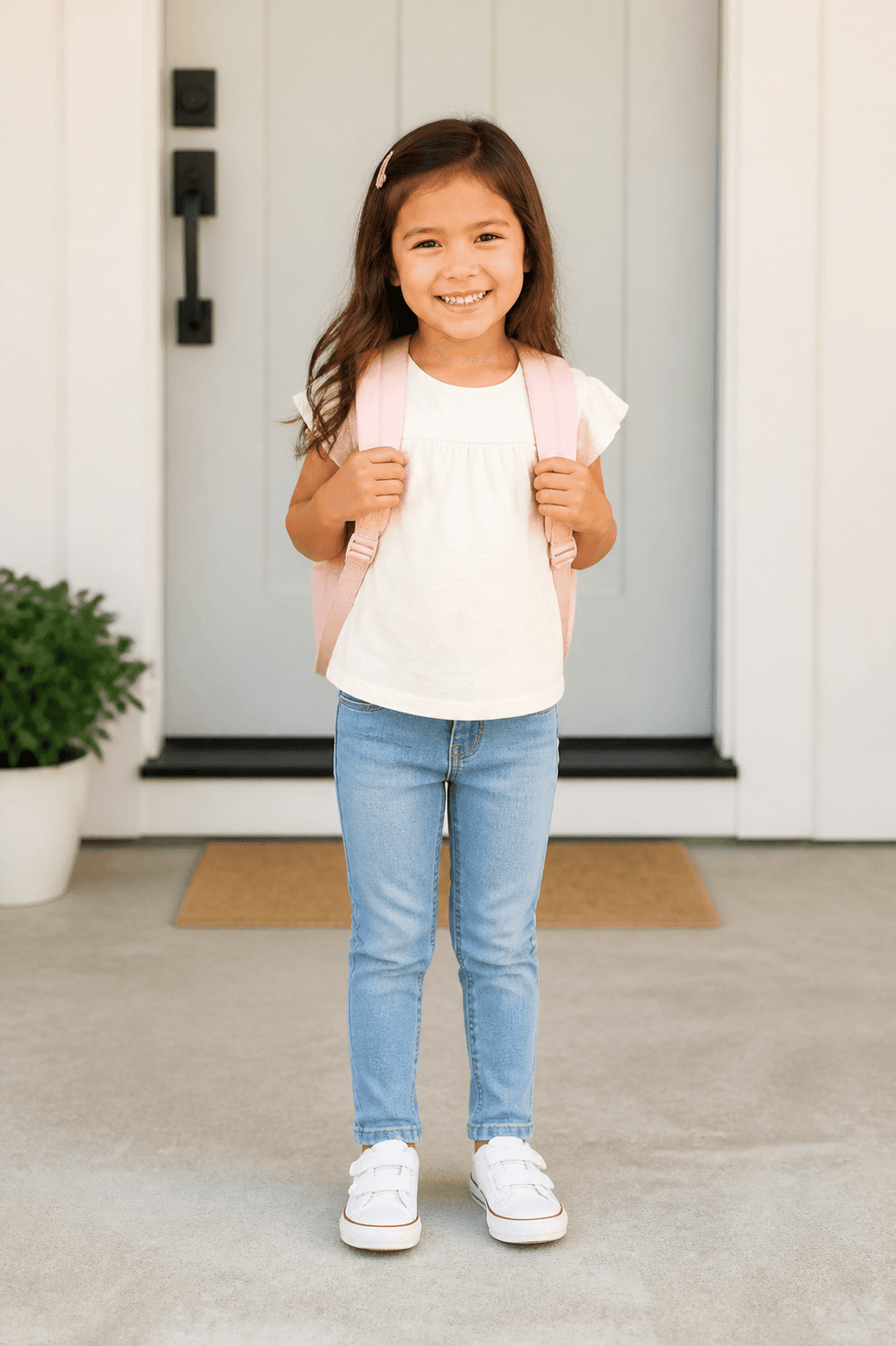 Child ready for the first day of school with a backpack