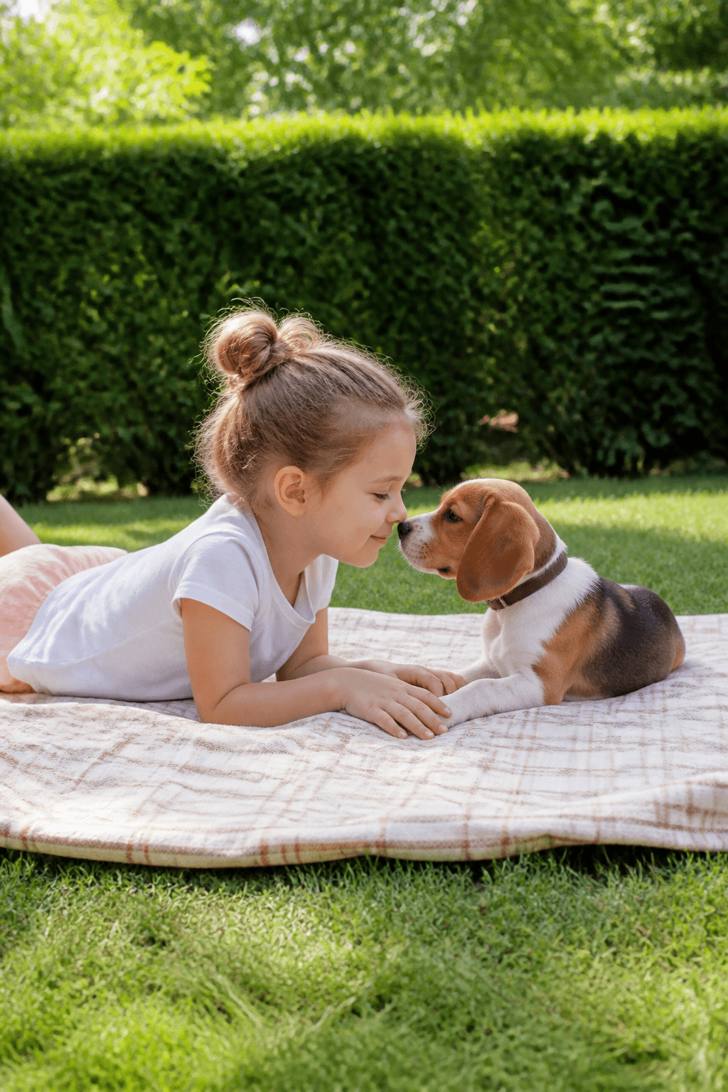 Child sharing a nose-to-nose moment with a beagle