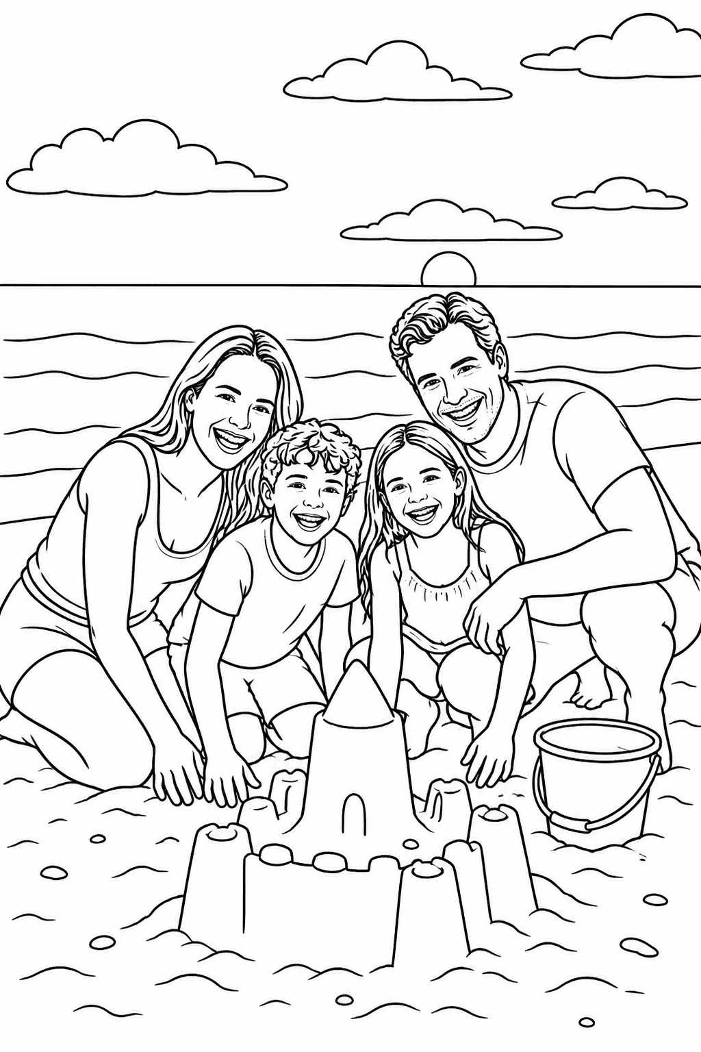 Family beach photo converted into a printable coloring page