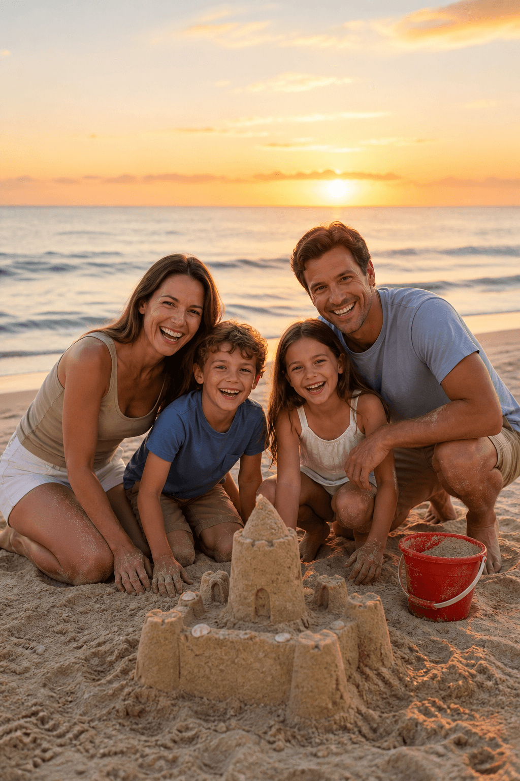 Family building a sandcastle together at the beach