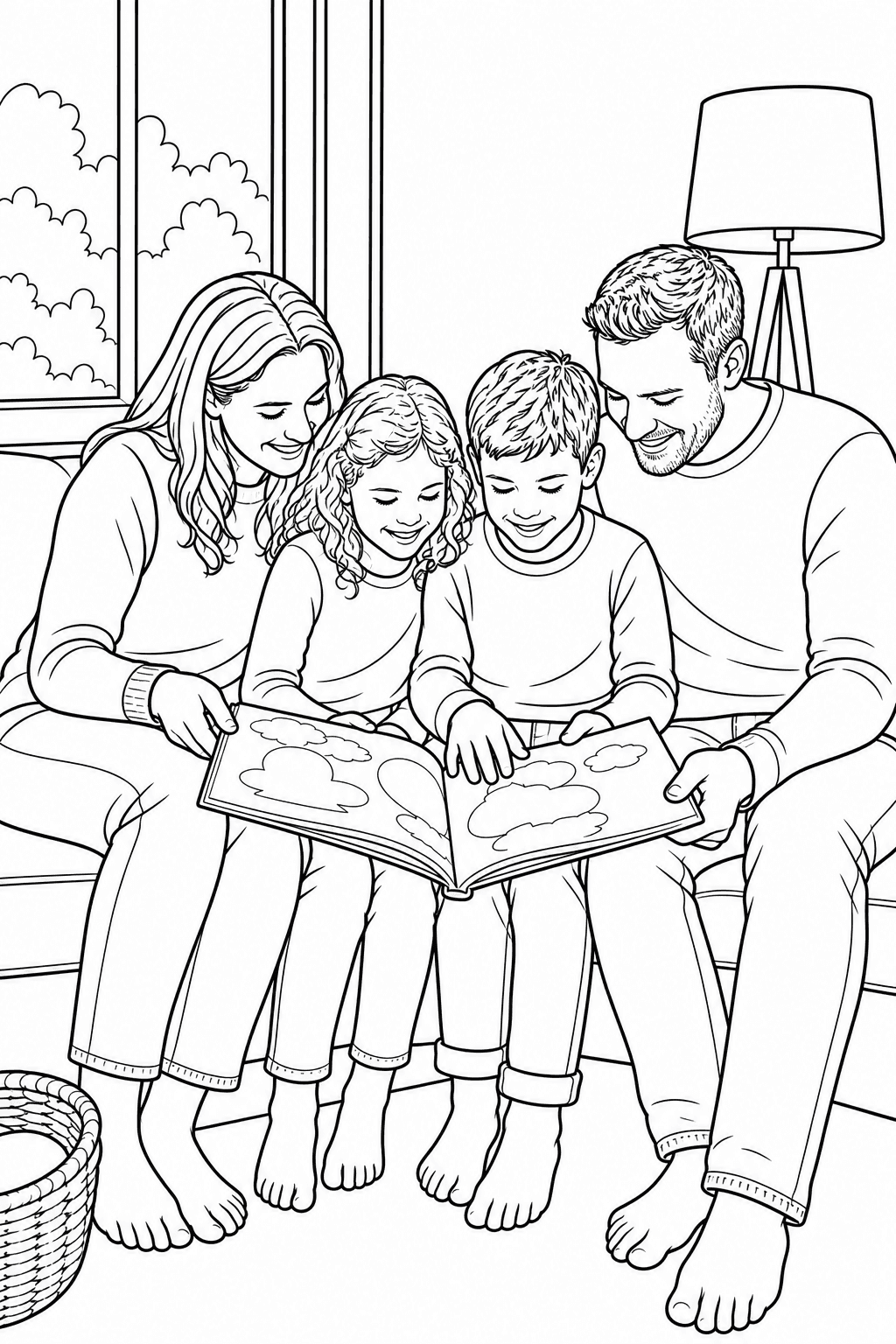 Family reading photo converted into a personalized coloring page
