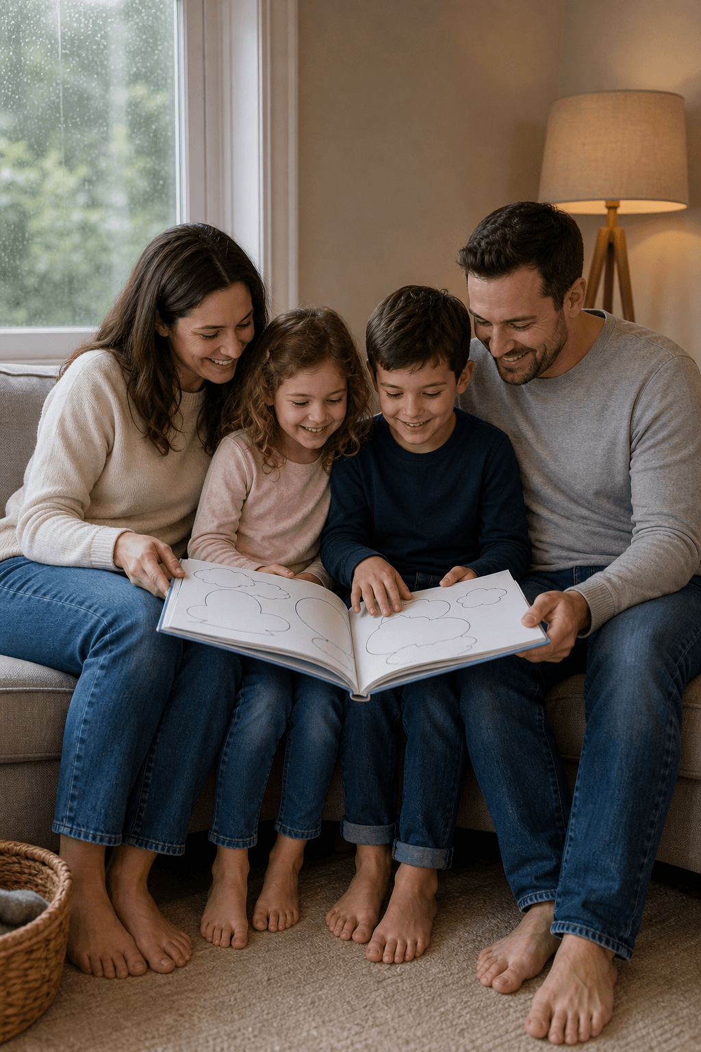 Parents and two children reading together on a sofa