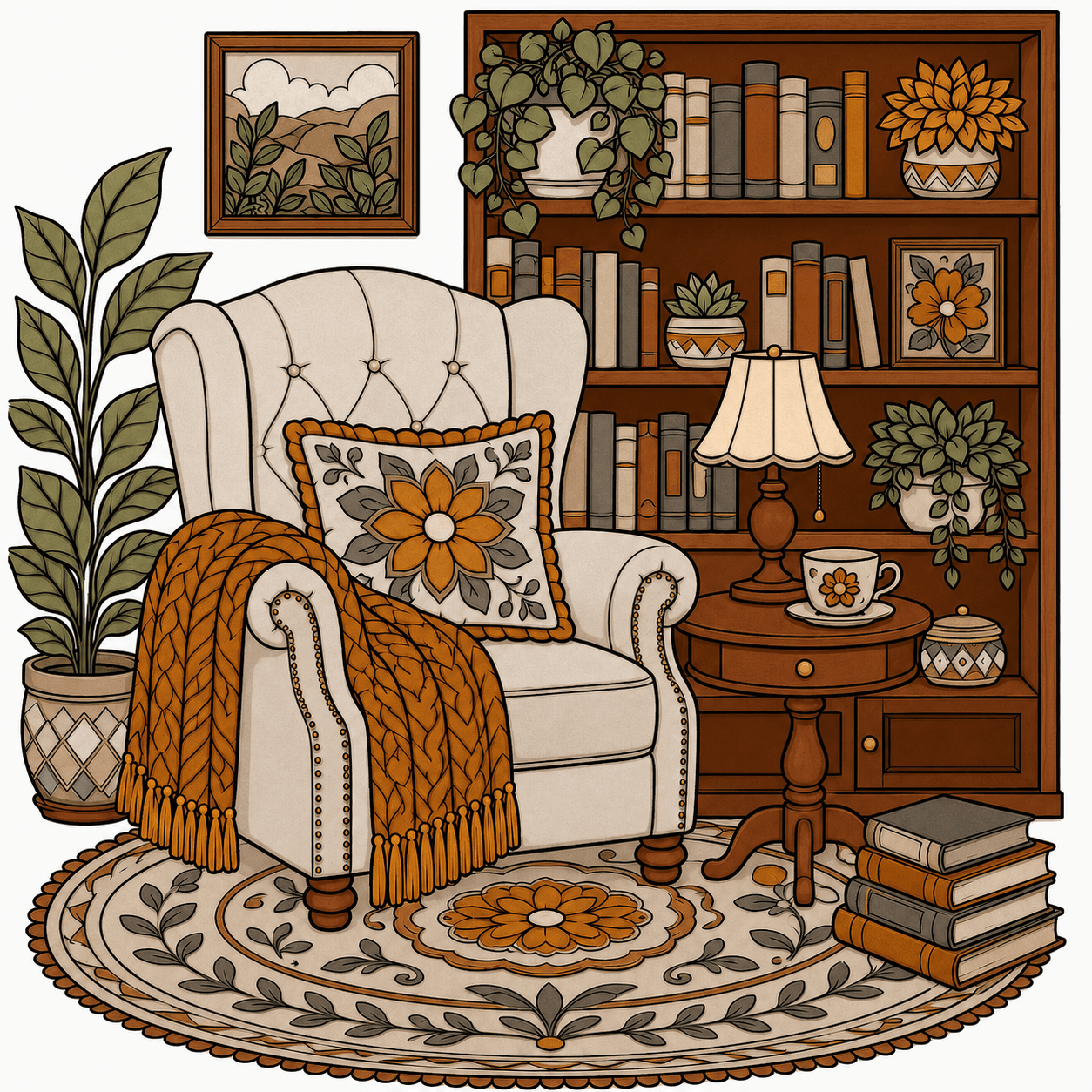 A cozy reading nook finished color reference using the Earth Tones palette