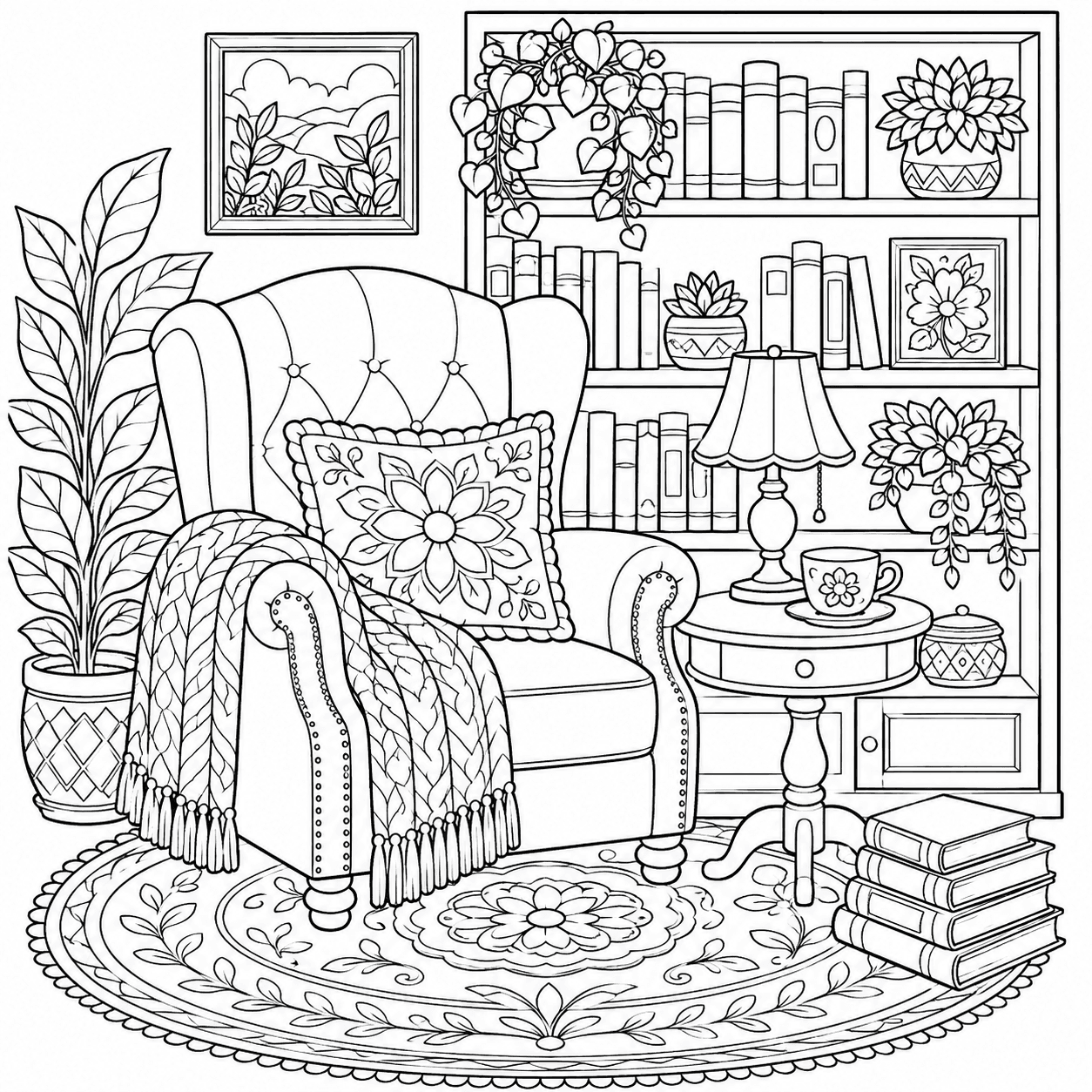 Original A cozy reading nook coloring-page line art