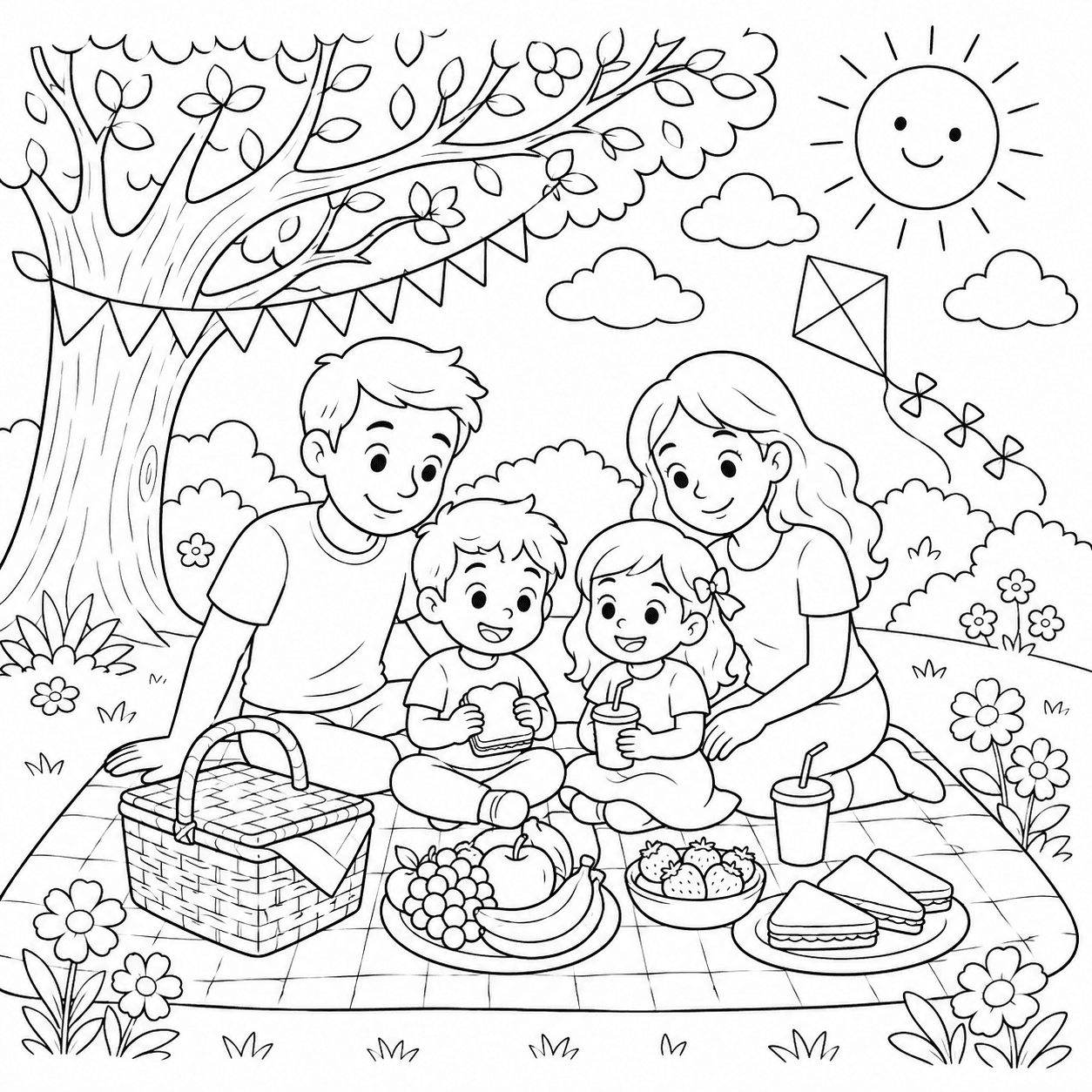 Original A happy family picnic coloring-page line art