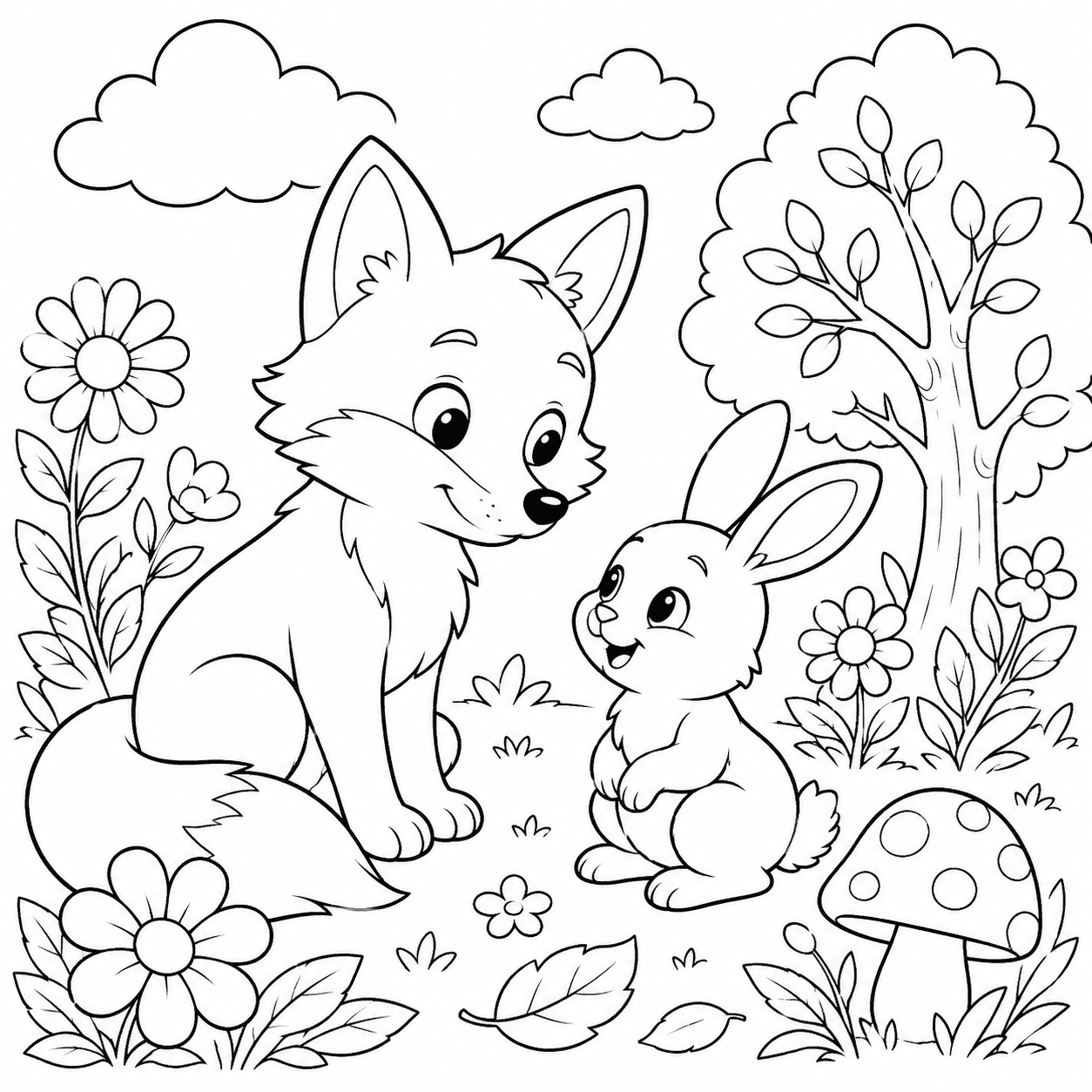 Original A little friendship in the forest coloring-page line art
