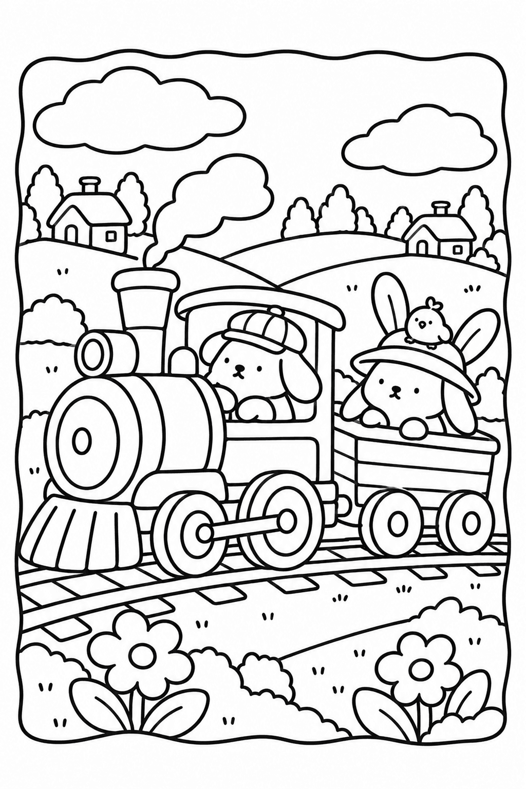 Black-and-white line drawing of a puppy driving a countryside train with a bunny and a chick in the carriage.