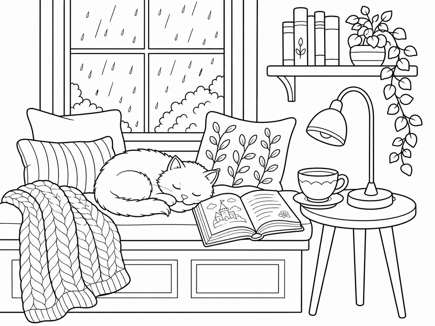 Reading nook line-art example with a cat, books and a rainy window