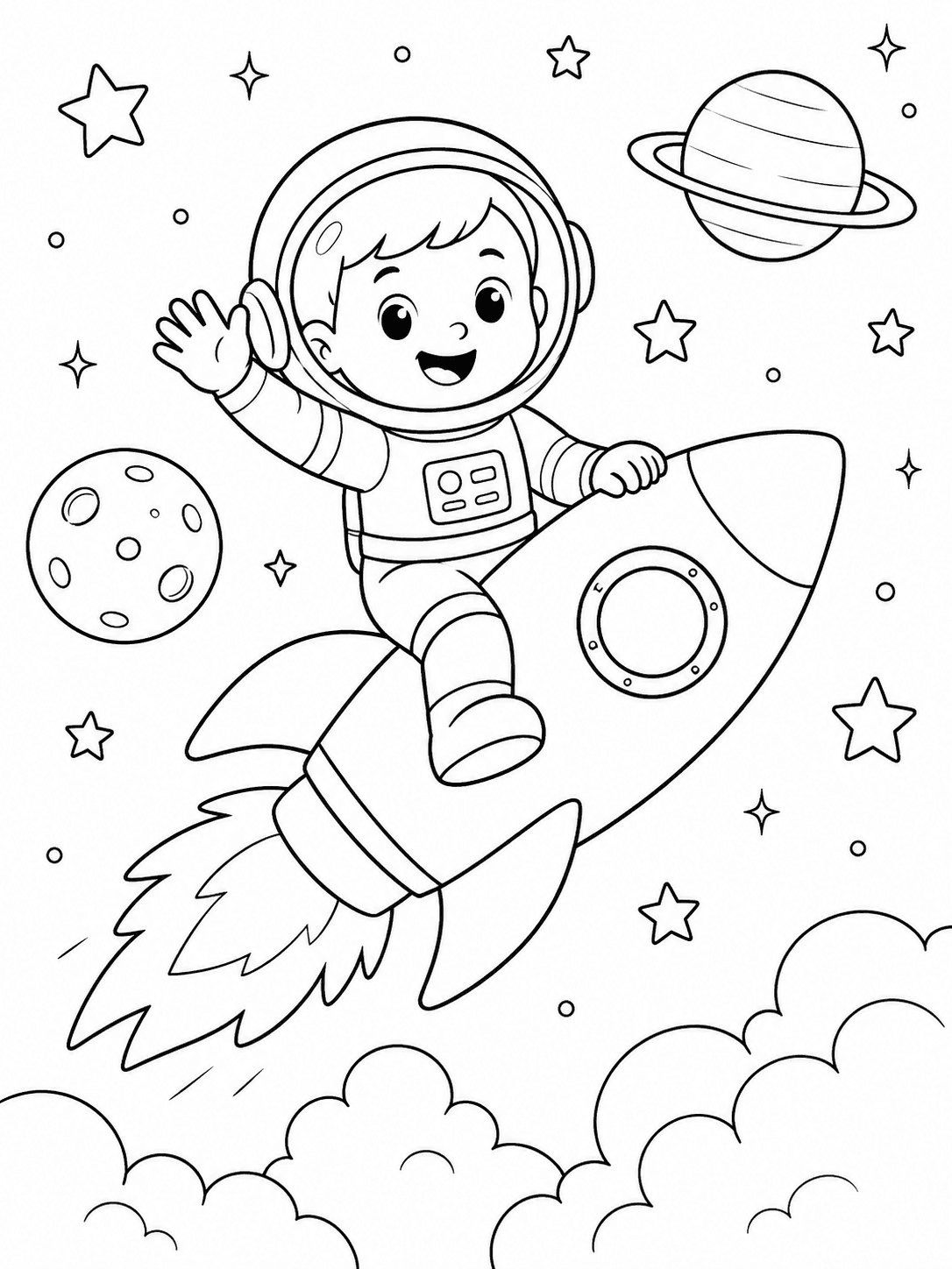 Detailed astronaut and rocket coloring page with clear, child-friendly line art