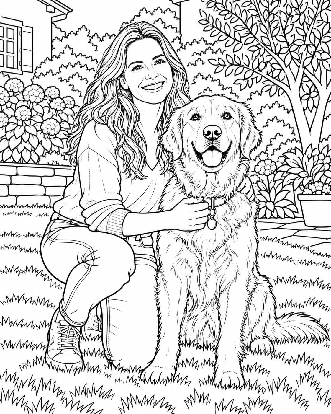 The same woman and golden retriever converted into printable line art
