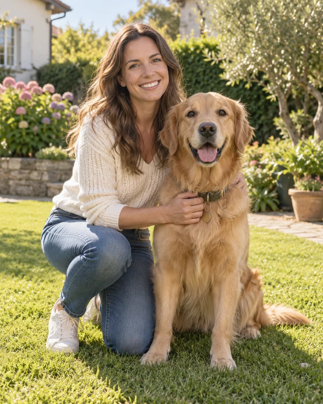 Western woman posing with her golden retriever in a sunny garden