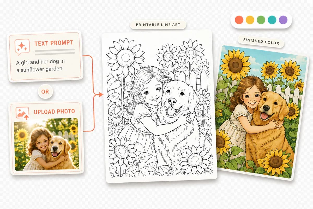 Proceso para convertir una descripción o una foto en un dibujo de girasoles y una propuesta de color