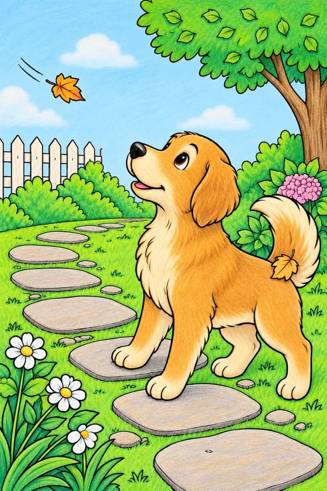 Finished color example: the same puppy and garden fully colored