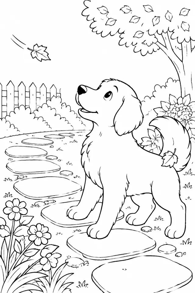Free printable line art: a puppy in a garden