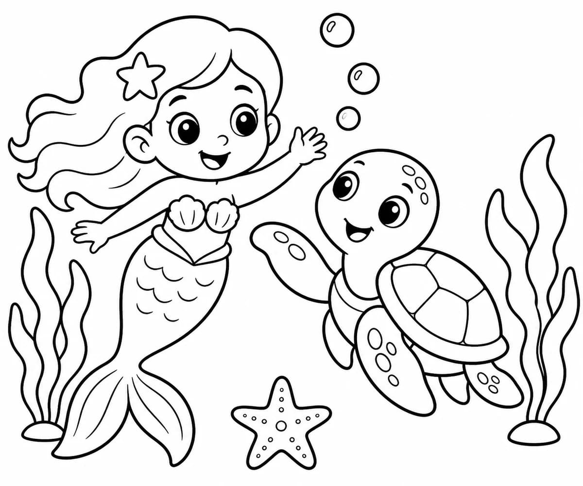 Simple mermaid and turtle coloring page with large spaces for ages 3 to 6