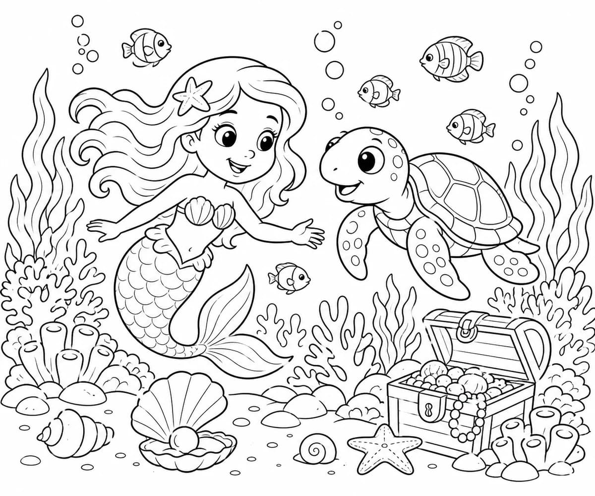 Ocean treasure adventure coloring page with balanced detail for ages 6 to 9